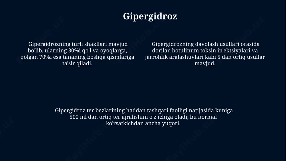 araliroq amalga oshirilishiga olib keladi. ter bezlari faoliyatining kuchayishi teri yuzasidagi suvning bug'lanishi orqali 500 vt gacha issiqlik yo'qotishga olib kelishi mumkin, bu esa tananing haddan tashqari qizib ketishining oldini oladi. terning suv-tuz muvozanati terning suv-tuz muvozanatini saqlashda ter tarkibidagi natriy (na+) va kaliy (k+) ionlarining nisbati muhim rol o'ynaydi, ularning kontsentratsiyasi 10-100 mmol/l oralig'ida o'zgarib turadi. tana harorati 37°c dan yuqori ko'tarilganda, terlash orqali yo'qotadigan suv miqdori sezilarli darajada ortadi, bu esa organizmning suv-tuz balansini buzilishiga olib kelishi mumkin. gipertoniya va boshqa kasalliklar paytida ter bilan chiqariladigan suv va elektrolitlar miqdori, xususan, natriy va xlorid ionlarining miqdori o'zgarib, suv-tuz muvozanatini buzadi. e'tiboringiz uchun rahmat @taqdimot_robot image1.jpg