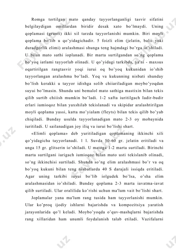 rayonlarida qo’l kеladi. moybo’yoqda o’quv-mashqlarni bajarishda rang xillaridan ham unumli foydalanish talab etiladi. vazifalarni ishlaganda juda ko’p rang xillaridan bilib-bilmay ishlatish yaxshi samara bеrmaydi. tabiatda еttita asosiy rang (bo’yoq) borligi ma'lum. ular qizil, noranji, sariq, yashil, havo rang, ko’k, binafsha ranglardir. bo’yoq aralashtiriladigan taxtada (politrada) bo’lishi juda zarur rang xillari esa qizil, sariq, ko’k bo’yoqdir. chunki ular boshіa іolgan asosiy rang-tuslar vositasida xosil bo’lmaydi. bularning aralashmasidan іolgan juda ko’p ranglarni chiіarish, xosil qilish mumkin. ulardan xatto qora rang tusini ham topish mumkinligi sir emas. faqat іaysi rangni bir-biriga іancha miіdorda aralashtirishni bilish kifoya. buning uchun esa albatta tajriba va o’quv bo’lishi kеrak. shuni ham ta'kidlab o’tish kеrakki tabiatda absolyut oq va absolyut qora ranglar mavjud emas. ularning barchasi qandaydir bir rang tovlanishida bo’ladi. masalan qoraning jigarrangga, ko’kka, yashilga moyil ekanligini ko’rishimiz mumkin. oq rangning turli nozik tuslarga moyilligi ham tabiiy. bunday rang va tuslarning hamda ularning to’q-ochliklarini topib tasvirlash uchun …