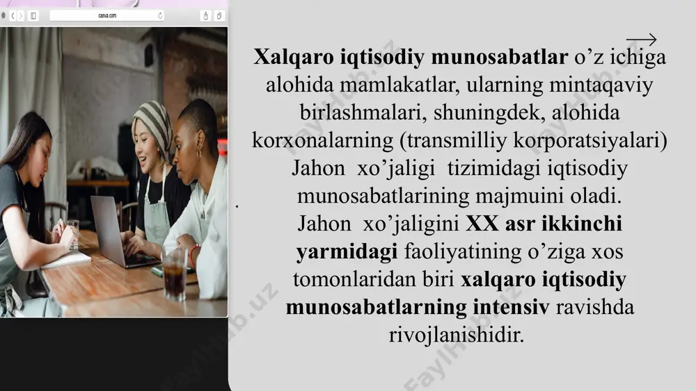 larining globallashuvi. bularga transmilliy korporatsiyalar (tmk), shuningdek tmkning xalqaro birlashmalarini misol keltirish mumkin. ikkinchi yo‘nalish kooperatsiya va mehnat taqsimotining nisbatan yuqori darajasiga o‘tish. masalan, “boing” samolyotini ishlab chiqarishda butlovchi qism va detallarni mingga yaqin xorijiy firmalardan oladi. globallashuv jarayonining yo‘nalishlari uchinchi yo‘nalish xo‘jalikni tashkil etishning butunlay yangi shakllarining paydo bo‘lishi va rivojlanishi. masalan, internetning rivojlanishi. to‘rtinchi yo‘nalish xalqaro iqtisodiy tashkilotlarning tartibga soluvchi roli rivojlanadi. zamonaviy jahon xo’jaligi bu - bozor iqtisodiyotining obyektiv qonunlariga bo’ysinuvchi, o’zaro bog’liq bo’lgan milliy iqtisodiyot birlashmasi, global iqtisodiy organizmdir. 23 60-yillardan boshlab jahon xo’jaligi tizimiga rivojlanayotgan davlatlar qo’shildi. 70-yillarning o’rtalarida ular orasida yaid-“yangi industrial davlatlar”, ya’ni janubi-sharqiy osiyo (1-oqim- 4 kichik “ajdaxo”- janubiy koreya, tayvan, gonkong, singapur) va lotin amerikasi davlatlari: braziliya, argentina, meksika sezilarli darajada ajralishdi. 60-yillardan boshlab ochiqlik jarayonlari qator rivojlanayotgan mamlakatlarga tarqala boshladi. 80-yillar boshidan xitoy ham ochiqlik siyosatiga tarafdorligini e’lon qildi. “ochiqlik termini” dunyoning ko’plab mamlakatlari lug’atiga kirdi. masalan: arabcha- “infitax”, xitoycha- …