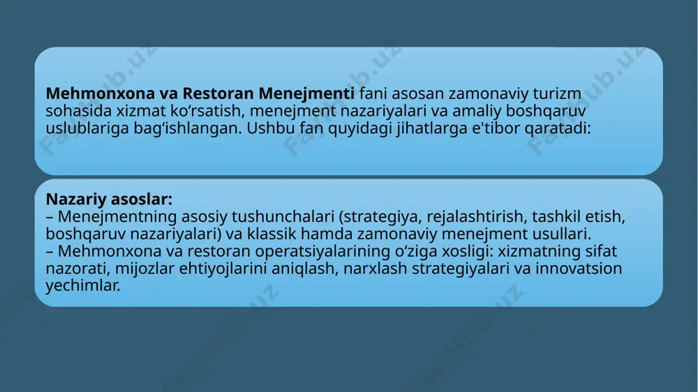 ya qarorlari va moliyaviy hisobotlar shakllantirish bo‘yicha amaliy topshiriqlar. – mijozlar ehtiyojlarini o‘rganish, marketing strategiyalarini belgilash va brend yaratish jarayonlarini o‘zlashtirish. soha tendensiyalari va doimiy yangilanish global va mahalliy tendensiyalarni o‘zlashtirish: – mehmonxona va restoran menejmentidagi so‘nggi o‘zgarishlar, global tendensiyalar va texnologik yangiliklarni muntazam kuzatish. – o‘quvchilarga biznes modellarini yangilash, raqobatchilarni tahlil qilish va innovatsion yechimlar ishlab chiqishda doimiy o‘zgarishlarga moslashish ko‘nikmalarini shakllantirish. o‘z-o‘zini rivojlantirish va doimiy ta’lim: – sohadagi tadqiqotlar, seminarlarga qatnashish, yangi metod va yondashuvlarni o‘rganish orqali doimiy o‘z-o‘zini rivojlantirishni rag‘batlantirish. – mutaxassislik sohasida ilg‘or tajribalar va muvaffaqiyatli boshqaruv amaliyotlarini tahlil qilib, kelgusidagi ish faoliyatida qo‘llashga yo‘naltirish. e’tiboringiz uchun rahmat image2.jpeg image3.jpeg image4.jpeg /docprops/thumbnail.jpeg