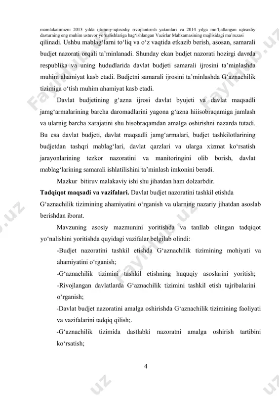 nida yuridik va moliyaviy majburiyatlarni maydonga chiqadi. o‘zbekiston respublikasida moliya vaziriligi g’aznachiligining davlat mablag‘larini boshqarishdagi amaliy faoliyati belgilab olindi. mavzuning nazariy-amaliy ahamiyati. o‘zbekiston respublikasi prezidenti i.a.karimov asarlari, prezident farmonlari, o‘zbekiston respublikasi vazirlar mahkamasining qarorlari, o‘zbekiston respublikasi moliya vazirligi tomonidan ishlab chiqilgan me’yoriy huquqiy hujjatlar va yo‘riqnomalar, xorijda va respublikamizda etishib chiqqan iqtisodchi olimlarning ushbu mavzuga bag‘ishlangan ilmiy izlanishlari va maqolalari ilmiy ishning nazariy va uslubiy asosini tashkil etadi. bmi tarkibining qisqacha tavsifi. ishi kirish qismi, uchta bob, xulosa qismi, foydalanilgan adabiyotlar ro‘yhati hamda ilovalardan tashkil topgan. талаба миллий иқтисодиётга ғазначилик тизимини жорий этиш орқали бюджет назоратини амалга ошириш ва уни такомиллаштириш масалаларини тадқиқ этган. ишнинг “ғазначилик шароитида бюджет назоратининг ташкилий ва назарий асослари” номли i-бобида бюджет ижросининг иқтисодий моҳияти ва аҳамияти, ўзбекистон республикасида “давлат бюджетининг ғазна ижросини жорий этиш” консепциясининг яратилиши ўрганилган. ишнинг “ғазначилик шароитида бюджет назоратининг амалга оширишнинг амалиёти таҳлили” номли ii-бобида ғазначилик хизмати фаолиятини ташкил этиш юзасидан бюджет …