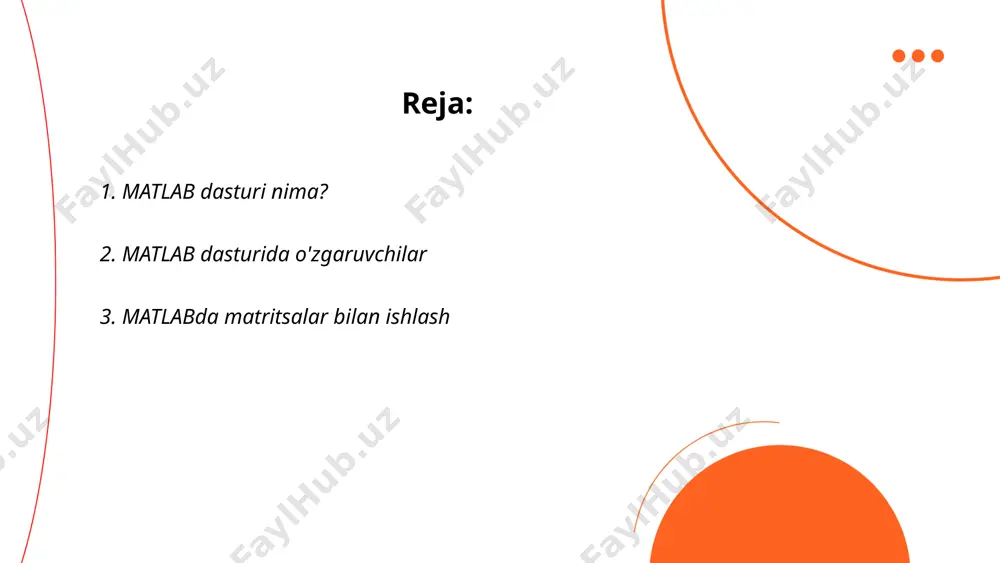 bo‘sh joy bilan ajratib yozish talab qilinadi, masalan, `a = [1, 2; 3, 4]` 2x2 o‘lchamdagi matritsa yaratadi. matritsa ustun sonini va satr sonini `size(a)` funktsiyasi orqali bilish mumkin. matritsalarni qo‘shish va ayirish uchun oddiy `+` va `-` operatorlaridan foydalaniladi, matritsalarni ko‘paytirish uchun `*` operatori ishlatiladi. matritsani transponatsiya qilish `a'` orqali amalga oshiriladi. diagonal matritsa `diag` funktsiyasi yordamida yaratiladi. ... t.me/slaydai_bot 4. matlabda funksiyalar yozish matlab-da funksiyalar yozish uchun dastlab funksiyani qanday yaratishni tushunish kerak. funksiyalar alohida faylda, ".m" kengaytmasi bilan saqlanadi. funksiya faylning birinchi satrida `function` kalit so'zi bilan boshlanadi. masalan, `function y = kvadrat(x)` funksiya nomi `kvadrat`, kirish parametri `x` va chiqish qiymati `y` bo'ladi. funksiya tanasi mavjud bo'lgan misolda, masalan, `y = x^2`. funksiyalar qayta foydalanish, kodni modul qilish va tushunishni osonlashtiradi. ko'p kirish va chiqish parametrlarini ham qo'llab-quvvatlash mumkin, masalan: `[y1, y2] = function_name(x1, x2)`. ... t.me/slaydai_bot matlabda m-fayllar skriptlar va funksiyalarni saqlash uchun ishlatiladigan fayllardir. …