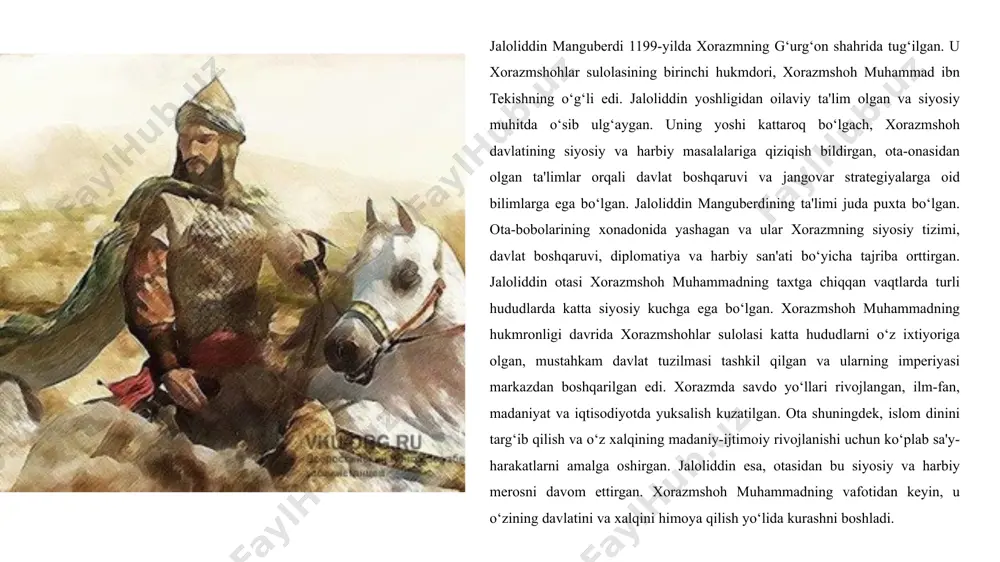 eltutmish hindistonda dehli sultonligining asoschilaridan biri sifatida ko‘riladi. jaloliddin va eltutmish o‘rtasidagi kurash hindistondagi siyosiy maydonni belgilashda muhim o‘rin tutdi. har ikkala hukmdor o‘zining mamlakatini mustahkamlash uchun kurashgan va bir-birlariga qarshi harbiy yurishlar uyushtirishgan. jaloliddin hindistonda bir necha janglarda muvaffaqiyat qozongan bo‘lsa-da, oxir-oqibat dehli sultoni bilan kurashda o‘zining ustunligini saqlab qolishga erishdi. jaloliddin manguberdining hindistondagi muvaffaqiyatlari, xorazmshohlikni yana bir bor tiklashga va mustahkamlashga yordam berdi. bu janglar xorazmshohlikning geografik hududlarini kengaytirishga imkon berdi va uning xalqiga ozodlik va hurriyatni ta'minlashda muhim ahamiyatga ega bo‘ldi. jaloliddin manguberdi xorazmshohlar sulolasining hukmdori bo‘lib, 13-asrda mo‘g‘ullarga qarshi kurashgan buyuk jangchi va siyosatchidir. uning asosiy vazifasi xorazmni mo‘g‘ullardan himoya qilish va xalqining ozodligini saqlash edi. chingizxon boshchiligidagi mo‘g‘ullar xorazmga hujum qilib, shaharlari vayron qilingan, ammo jaloliddin manguberdi o‘zining jasorati bilan xalqini birlashtirib, bu qiyinchiliklarga qarshi kurashdi.jaloliddinning mo‘g‘ullarga qarshi janglarida g‘alaba qozonishi va sind daryosi bo‘yidagi janglar uning jangovar mahoratini namoyish etdi. hindistonda ham muvaffaqiyatli yurishlar …