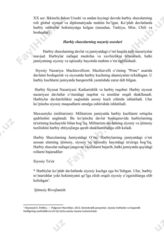 hukumatni boshqarishda o’rni kengaygan. xx asr: ikkinchi jahon urushi va undan keyingi davrda harbiy shaxslarning roli global siyosat va diplomatiyada muhim bo’lgan. ko’plab davlatlarda harbiy rahbarlar hokimiyatga kelgan (masalan, turkiya, misr, chili va boshqalar). harbiy shaxslarning nazariy asoslari harbiy shaxslarning davlat va jamiyatdagi o’rni haqida turli nazariyalar mavjud. harbiylar nafaqat mudofaa va xavfsizlikni ta'minlash, balki jamiyatning siyosiy va iqtisodiy hayotida muhim o’rin egallashadi. siyosiy nazariya: machiavellizm: machiavelli o’zining "princ" asarida davlatni boshqarish va siyosatda harbiy kuchning ahamiyatini ta'kidlagan. u harbiy kuchlarni jamiyatda barqarorlik yaratishda zarur deb bilgan. harbiy siyosat nazariyasi: karkarishlik va harbiy raqobat: harbiy siyosat nazariyasi davlatlar o’rtasidagi raqobat va urushlar orqali shakllanadi. harbiylar davlatchilikni saqlashda asosiy kuch sifatida ishlatiladi. ular ko’pincha siyosiy maqsadlarni amalga oshirishda ishlatiladi. maxsustyke (militarizm): militarizm jamiyatda harbiy kuchlarni ortiqcha qadrlashni anglatadi. bu ko’pincha davlat boshqaruvida harbiylarning ta'sirining kuchayishi bilan bog’liq. militarizm davlatning siyosiy va ijtimoiy tuzilishini harbiy ehtiyojlarga qarab shakllantirishga olib keladi. harbiy shaxslarning …