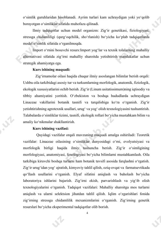 falar: linaceae oilasining o‘simliklar dunyosidagi o‘rni, evolyutsiyasi va morfologik birligi haqida ilmiy tushuncha berish. zig‘ir o‘simligining morfologiyasi, anatomiyasi, fenologiyasi bo‘yicha bilimlarni mustahkamlash. oila tarkibiga kiruvchi boshqa turlarni ham botanik tavsifi asosida farqlashni o‘rgatish. zig‘ir urug‘idan yog‘ ajratish, kimyoviy tahlil qilish, oziq-ovqat va farmatsevtikada qo‘llash usullarini o‘rganish. elyaf sifatini aniqlash va baholash bo‘yicha laboratoriya ishlarini bajarish. zig‘irni ekish, parvarishlash va yig‘ib olish texnologiyalarini o‘rganish. tadqiqot vazifalari: mahalliy sharoitga mos turlarni aniqlash va ularni selektsion jihatdan tahlil qilish. iqlim o‘zgarishlari fonida zig‘irning stressga chidamlilik mexanizmlarini o‘rganish. zig‘irning genetik resurslari bo‘yicha eksperimental tadqiqotlar olib borish. kurs ishining hajmi: kurs ishi kirish, 2 ta bob, xulosa va foydalanilgan adabiyotlar roʻyxatidan iborat. i bob. zig’irnamolar qabilasining umumiy tavsifi, kelib chiqishi va sistematikasi i.1. zig’irnamolar qabilasining umumiy tavsifi. zigʻirnamolar qabilasi (lotincha: linaceae) — oʻsimliklar dunyosidagi ikki pallali oʻsimliklar oilasidir. bu qabila asosan oʻrta va iliq iqlimli hududlarda tarqalgan boʻlib, tarkibiga asosan oʻt, buta va ba'zida daraxtsimon …