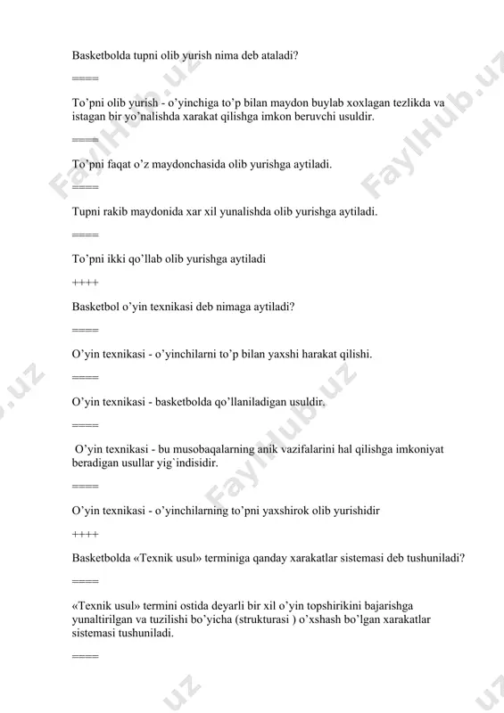 = braziliya ==== angliya ==== ispaniya ++++ eng qat'iy jazolardan biri − 11 metrlik zarba kiritildi, uni inglizcha so‘z bilan «penalti» deb ataldi, nechichi yilda kiritildi? ==== 1891 yil ==== 1892 yil ==== 1893 yil ==== 1894 yil ++++ quyida ko’rsatilgan javob variantlaridan milliy o’yinlar tarkibiga kiradigan o’yinlarni belgilang? ==== kun va tun, tutishmachoq, arqon tortish, oq terakmi - ko’k terak ==== oq terakmi, ko’k terak, ovchilar, chaqqon darvozabon ==== kun va tun, kim chaqqon, oq terakmi- ko’k terak, sakrab oshish estafetasi ==== voleybolchilar estafetasi, kim chaqqon, chaqqon darvozabon ++++ sportning futbol turida futbol darvozasi o’lchamini belgilang? ==== balandligi 2m 41sm, uzunligi7m30sm ==== balandligi 2m 42sm, uzunligi7m32sm ==== balandligi 2 m 40 sm, uzunligi7m32sm ==== balandligi 2m 44 sm, uzunligi7m32sm ++++ quyida berilganlardan voleybol sport turiga asos solingan sanani aniqlang? ==== 1899 yil ==== 1895 yil ==== 1896 yil ==== 1898 yil ++++ basketbol sport turiga asos solgan shaxsni toping? …