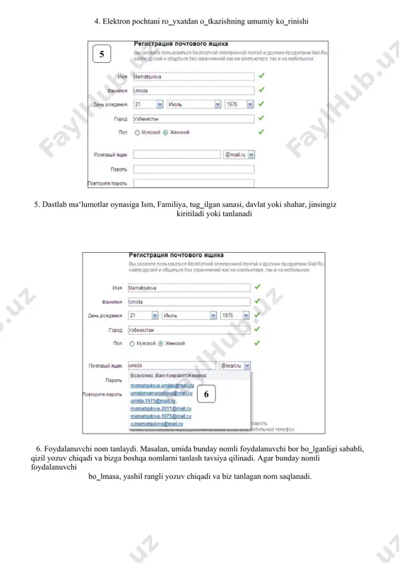 osamiz. natijada elektron pochtamizning quyidagi oynasi hosil bo‗ladi. ko‗rib turganimizdek, elektron pochta oynasida bходящие, сомнительные, oтправленный, черновики, корзина kabi bo‗limlar mavjud bo‗lib, ularning har biri o‗z vazifasiga ega. masalan, входящие – elektron pochtaga kelib tushgan xatlar ro‗yxati, сомнительные – noma‘lum (shubhali) xatlar ro‗yxati, отправленный – biz jo‗natgan(yuborgan) xatlar ro‗yxati, черновики – vaqtinchalik (saqlangan, keyinchalik yuboriladigan) xatlar ro‗yxati, корзина – o‗chirilgan xatlar, to‗liq o‗chirishga mo‗ljallangan xatlar ro‗yxati. internetda xat yozish, jo‗natish uchun написать письмо tugmasini bosamiz. natijada bizga xat yozish uchun quyidagi ko‗rinishdagi oyna hosil bo‗ladi: 1) кому maydoniga biz yuborayotgan tegishli shaxsning (xat yuboriladigan) elektron pochta manzili kiritiladi. 2) копия maydoniga xuddi shu mazmundagi xat boshqa manzillarga ham jo‗natilishi zarur bo‗lganda, yuboriladigan mualliflarning elektron pochta manzillari kiritiladi (manzillar vergul bilan bir- biridan ajratiladi). 3) скрытая maydoniga yuborilgan manzillarning yashirin ko‗rinishi. 4) тема maydonida yozilayotgan xat mavzusi (sarlavhasi) ko‗rsatiladi. mavzu kiritilmagan holatda ham xato hisoblanmaydi. 5) keyingi katta darcha(oyna)ga yoziladigan xatning …