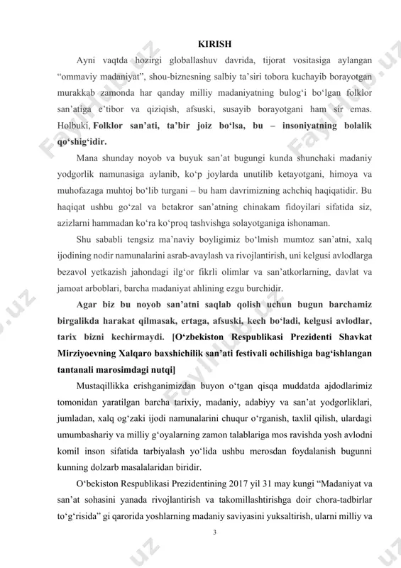 iqa tufayli odamda olijanoblik, ulug‘vorlik, go‘zallik tashqi dunyodagina emas, balki uning o‘zida ham mavjud ekanligi to‘g‘risida tasavvur yuzaga keladi. musiqa o‘z-o‘zini tarbiyalashning qudratli kuchidir. shunday ekan, yoshlarning xar tomonlama shakllanishida estetik tarbiyaning o‘rni beqiyosdir. yosh avlodni estetik ruxda tarbiyalashga tayyorlash xozirgi davr talabi va bunda ma’lum muammolar borligi shubhasizdir. ayniqsa, bu davrda o‘lmas merosimiz ustozdan shogirdga o‘tib kelgan xalq an’anaviy ijrochilik maktabi asosiy manba sanaladi. barkomol avlod tarbiyasida xalq og‘zaki ijodining bebaho boyligi musiqa merosimiz o‘zining boy tarixiga ega bo‘lib davr o‘tgani sari uni o‘rganishga extiyoj tobora ortib bormoqda. bizga maolumki milliy istiqlol mafkurasini xalqimiz qalbi va ongiga singdirishda musiqiy merosimizni o‘rganish milliy qadriyatlarimizni mustaxkamlash va rivojlantirishning o‘rni katta. mustaqil o‘zbekiston o‘ziga xos va o‘ziga mos istiqlol va taraqqiyot yo‘lidan borayotgan xozirgi davrda totalitar tuzumdan meros bo‘lib qolgan ma’naviy inqirozga xotima berish, kishilarning ongi va dunyoqarashida yangicha tafakkur madaniyati shaklllantirish kechiktirib bo‘lmaydigan ijtimoiy vazifadir. tarix tajribasi shuni ko‘rsatadiki, o‘zi mansub …
