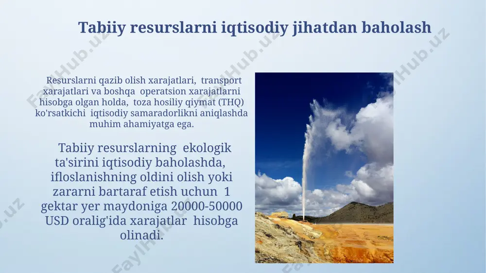 monlama shartnomalar orqali suv resurslarini boshqarish va atrof-muhitni muhofaza qilish borasida hamkorlik qilmoqda. tabiiy resurslardan oqilona foydalanish boʻyicha 1992-yildagi rio konferentsiyasi natijasida 17 ta bmt bosh assambleyasi qarorlari qabul qilingan boʻlib, ular xalqaro hamkorlikni kuchaytirishga qaratilgan. tabiiy resurslardan foydalanishda innovatsion texnologiyalar geofizikaviy tadqiqotlarda 3d va 4d seysmik modellashtirish texnologiyalari neft va gaz konlarini aniqlash va qazib olishni sezilarli darajada yaxshilaydi. tabiiy resurslardan olish samaradorligini 15-20% ga oshirishga qodir boʻlgan, sunʼiy intellektga asoslangan optimallashtirish tizimlari joriy etilmoqda. e'tiboringiz uchun rahmat @taqdimot_robot image4.png image5.jpg image6.jpg image7.jpg image8.jpg image9.jpg image10.jpg image11.jpg image12.jpg image13.jpg image14.jpg image15.jpg image16.jpg image17.jpg image18.jpg image19.jpg image3.jpeg