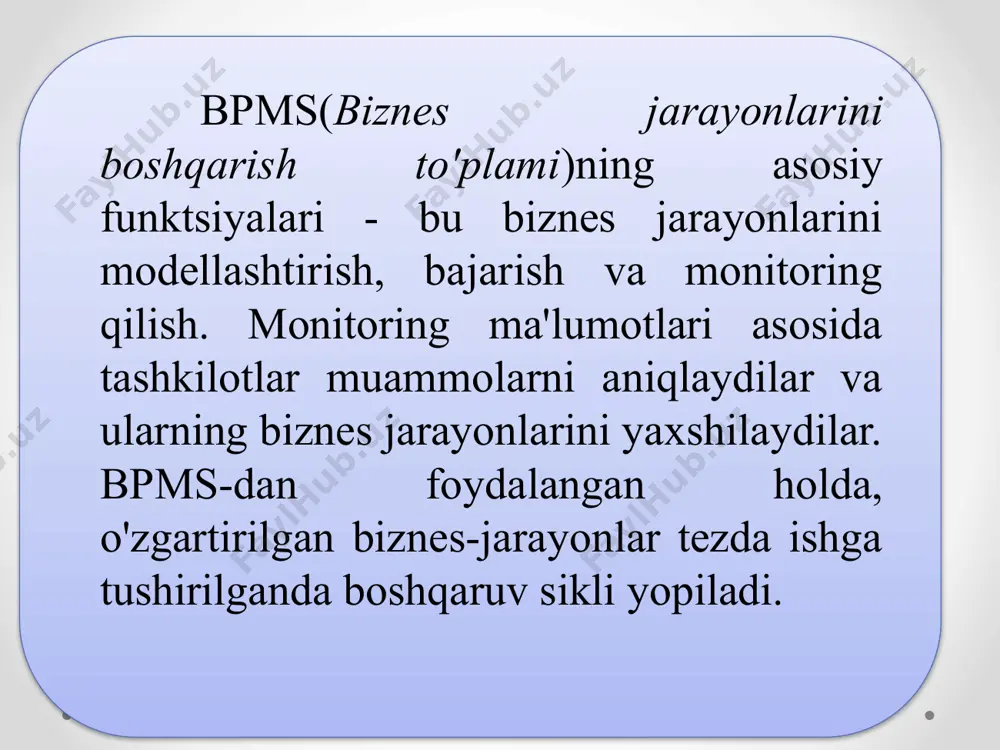 sh printsipi. avtomatlashtirish - bu ilmiy-texnik taraqqiyotning yo'nalishlaridan biri bo'lib, o'z-o'zini tartibga soluvchi texnik vositalar, iqtisodiy-matematik usullar va boshqarish tizimlaridan foydalanishni, odamlarni energiya, materiallar yoki ma'lumotlarni olish, konvertatsiya qilish, uzatish va ulardan foydalanish jarayonlarida ishtirok etishdan xalos qiladi. operatsiyalar. 5. optimallik printsipi (natijalar va xarajatlarni taqqoslash) shundan iboratki, biznes-jarayonni amalga oshirish samaradorligini baholash uni amalga oshirish samaradorligi va xarajatlarini taqqoslash orqali amalga oshirilishi kerak. 6. o'zgarish printsipi shundan iboratki, biznes jarayonini amalga oshirish bilan bog'liq bo'lgan muayyan qarorlarni qabul qilishda ushbu maqsadga erishishning turli usullari ko'rib chiqilishi kerak. . 13 7. muqobillarni taqqoslash printsipi. biznes-jarayonlarni loyihalashda eng yaxshi echimlarni tanlashda ko'pincha mavjud alternativlarning nomutanosibligiga duch kelish mumkin, chunki bu jarayonlar turli ishlab chiqarish sharoitlarida yuz berishi mumkin, davlat buyurtmalari mavjud va hokazo. 8. noaniqliklarni hisobga olish printsipi biznes jarayonini amalga oshirishda qaror qabul qilish xavfini kamaytirishi mumkin. . 14 biznes-jarayonlarni boshqarish tizimining asosiy modullari: grafik modellashtirish moduli. modul tahlilchiga jarayonni …