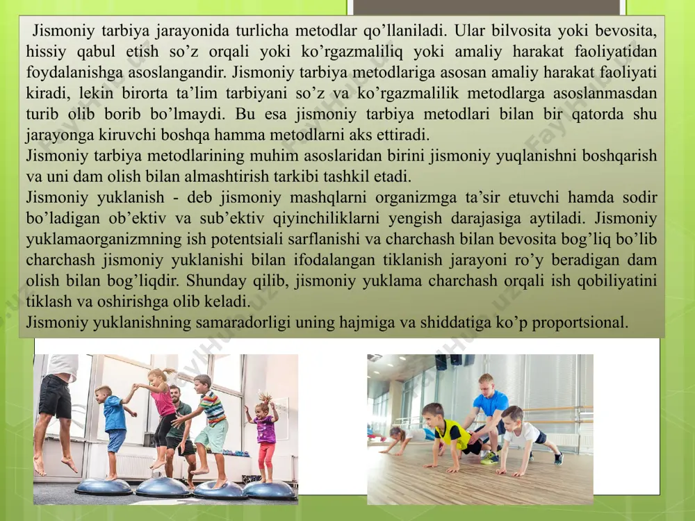 ing quvvati, qarshiliklar og’irligi, shuningdek mashqlar bajarilishini tezligi va h.k. jismoniy yuklanishning hajmi va shiddati ko’rsatkichlari orasida teskari proportsional munosabat mavjud. bundan shu narsa kelib chiqadiki ba’zi mashqlarni shidati qancha yuqori bo’lsa shunchalik hajm imkoniyati kam bo’ladi, va aksincha. jismoniy yuklama jismoniy tarbiyaning turli metodlarida standart, takrorlash mash^ metodi har bir vaqtida o’zining tashqi parametrlari bilan amaliy bir xil va o’zgaruvchan bo’ladi. ikkala tipdagi jismoniy yuklanishlardan foyda charchash hosil qilgan bir faoliyatdan boshqa ikkinchi faoliyatga o’tish bo’lishi mumkin. o’qitish metodlari ma’lum darajada bo’lsada jismoniy mashqlarni turlariga bog’liqdir, ayrim xollarda faqat so’z bilan ifodalash metodining o’zi kifoya qilsa, nisbatan qiyin vazifalarda esa ko’rsatish metodini ham qo’llab yuborishga to’gri keladi. o’ynaladigan, gimnastika, sport va turizm tarzidagi mashqlarni o’qitish o’zining hususiy metodlariga ega emas. metodlar jismoniy mashqlarning barcha turlari uchun bir xildir. shu bilan birga bu turlarning har qaysisi qandaydir darajada bo’lsada, bir xil metodik usullardan foydalanishga yo’nalgan bo’lib boshqalaridan nisbatan ozroq foydalaniladi. …