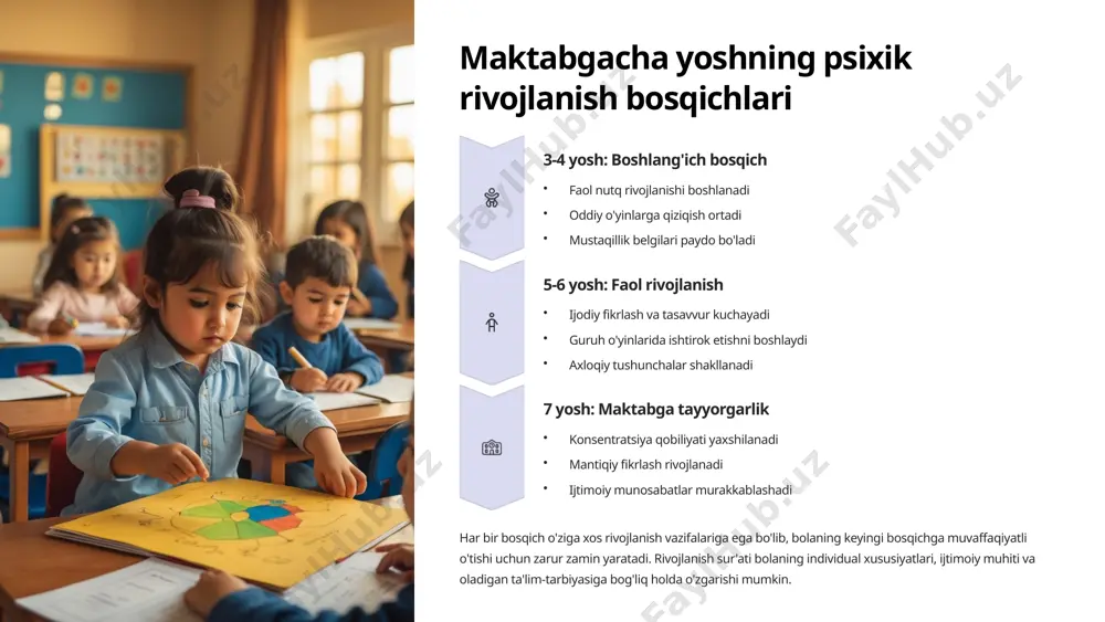 eradi o'yin — maktabgacha yoshdagi bolalar uchun asosiy faoliyat turi hisoblanadi. o'yin jarayonida bolalar dunyoni o'rganadilar, turli rollarni sinab ko'radilar, ijtimoiy normalarni o'zlashtiradilar va o'z qobiliyatlarini rivojlantiradilar. shuning uchun maktabgacha ta'limda o'yin faoliyatiga alohida e'tibor qaratiladi. 9 nutq va til rivojlanishi 900+ 3 yoshdagi lug'at o'rtacha so'z boyligi 1500+ 4-5 yoshdagi lug'at faol qo'llaniladigan so'zlar 3500+ 6-7 yoshdagi lug'at maktabga tayyorlik darajasi 70% grammatik to'g'rilik 6 yoshda kuzatiladigan darajasi maktabgacha yoshda nutq rivojlanishi jadallik bilan kechadi. 3 yoshda bolalar oddiy gaplar tuzib gapira boshlasalar, 4-5 yoshda murakkab gaplardan foydalana boshlaydilar. ular asta-sekin grammatik qoidalarni o'zlashtirib boradilar, lekin hali xatolar qilishlari tabiiy hisoblanadi. nutq rivojlanishi bolaning intellektual taraqqiyotiga bevosita ta'sir ko'rsatadi, chunki til fikrlash vositasi hisoblanadi. nutqi yaxshi rivojlangan bolalar muloqotda faolroq, o'qishda muvaffaqiyatliroq bo'ladilar. nutq rivojlanishiga kitob o'qish, suhbatlashish, she'r yodlash kabi mashg'ulotlar ijobiy ta'sir ko'rsatadi. 10 mustaqillik va shaxsiy xususiyatlar o'z-o'ziga xizmat ko'nikmalari kiyinish, ovqatlanish, gigiena qaror qabul qilish …