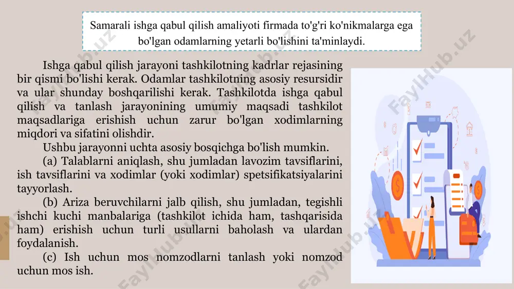 va aniqlash. tashkilot rahbariyati samarali tashkil etish uchun qanday ishlarni bajarish kerakligini tahlil qilishi kerak. kerakli ma'lumotlar turi quyida ko'rsatilgan. axborot turi izohlar ishning maqsadi bu aniq ko'rinishi mumkin. buxgalter sifatida siz moliyaviy ma'lumotlarni tahlil qilishingiz, tayyorlashingiz yoki taqdim qilishingiz kerak; lekin u butun tashkilot kontekstida belgilanishi kerak. ishning mazmuni siz bajarishingiz kerak bo'lgan vazifalar. agar ishning maqsadi, masalan, o'z vaqtida ish haqi olish bo'lsa, vazifalar ish haqi bilan bog'liq ko'plab tadbirlarni o'z ichiga oladi. mas'uliyat bu siz javobgar bo'lgan natijalar. amalda ular vazifa tavsifi kabi shakllantirilishi mumkin. ishlash mezoni bu sizning ishingizni qanchalik yaxshi bajarishingizni belgilaydigan mezonlardir. bu asosan vazifa bilan bog'liq. vazifa bu ishning muhimligini anglatadi. masalan, biror bo‘limni boshqarayotgan va katta mablag‘ talab qiladigan qarorlar qabul qilgan odam, faqat aytilganini bajaradigan kishidan ko‘ra mas’uliyatliroqdir. tashkiliy omillar bo'ysunuvchi to'g'ridan-to'g'ri kimga bo'ysunadi (yo'nalish menejeri)? rivojlanish omillari mumkin bo'lgan martaba yo'llari, agar mavjud bo'lsa va martaba istiqbollari. ba'zi faoliyat hech …