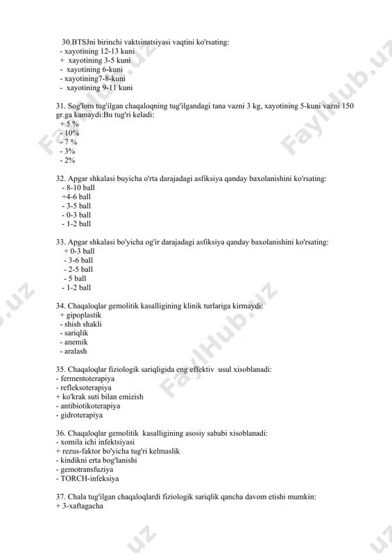 i afzalliklari sigir sutidan qanday farqlanadi: + albumin ko'rinishidagi oqsillarning yengil xazm bo'lishi - to'yingan yog' kislotalarning yuqori tarkibda bo'lishi - energetik qiymatining pastligi - immunoglobulin a kontsentratsiyasining pastligi - stirilligi 48.ona suti afzalliklariga kiradi + to'yinmagan yog' kislotalarning ko'p miqdorda bo'lishi - to'yinmagan yog' kislotalarning kam miqdorda bo'lishii - a-laktoza tutishi - yirik dispersli kazein tutishi - stirilligi 49. ko'krak suti bilan emizishda bola tomonidan absolyut qarshi ko'rsatma bo'lib xisoblanadi : - otit - lablar va qattiq tanglay yirtilganligi - til boylamining qisqaligi + bosh miya tug'ma jaroxati, asfiksiya - tishsizlik 50. ko'krak suti bilan emizishni afzalliklariga kiradi: + bola psixomotor rivojlanishining tez ko'tarilishi - diareyaga moyillik - paratrofiya - to'satdan o'lim xolati xavfi - gipogonadizm 51. ko'krak suti bilan emizish uchun qarshi ko'rsatma bo'la olmaydi (ona tomonidan): + tug'ruqdan keyingi depressiya - tuberkulezning ochiq shakli - buyrak, qon va yurak kasalliklarining dekompensirlangan shakllari - xavfli o'smalar - oiv …