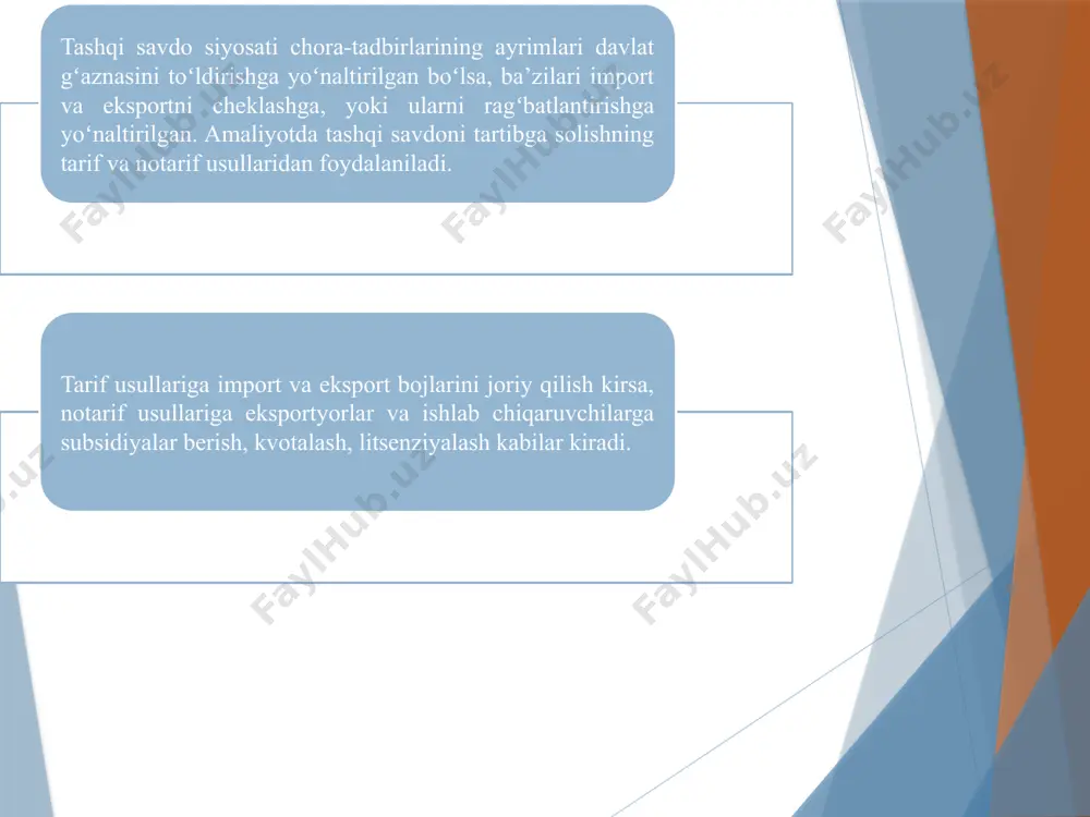 xil xususiyatga ega: ixtiyoriy ravishda eksportni cheklash milliy iste’molchilar uchun tarif va kvotalarni belgilashga nisbatan ancha sezilarsiz. shuning uchun iste’molchilar ularni e’tiborsiz qabul qiladilar va hukumatga norozilik bildirmaydilar. ixtiyoriy ravishda eksportni cheklash sharoitida xorij iste’molchilari ular sotib olayotgan eksport mahsulotiga yuqoriroq narx belgilashlari mumkin. etiboringiz uchun raxmat image1.png image2.png image3.png /docprops/thumbnail.jpeg