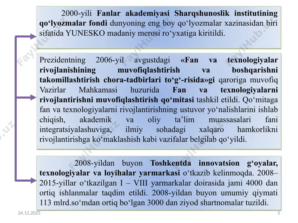 ar va murabbiylar kuni» deb belgilandi hamda bu kun bayram sifatida dam olish kuni deb e’lon qilindi. 1996–1997-o‘quv yilidan boshlab maktablarning birinchi sinflarida o‘qish yangi alifboda olib borildi. yangi imlo, alifboda o‘qitish uchun zarur dastur, qo‘llanma va darsliklar yaratildi. o’zbekiston tarixi o’zbekistonda mustaqillikning dastlabki yillaridan doimo ta’lim-tarbiya ishlarini eng muhim va dolzarb soha sifatida rivojlantirishga alohida e’tibor berib kelingan. 1992 yil 2 iyulda qabul qilingan o’zbekiston respublikasining «ta’lim to’g’risida»gi qonuni hamda 1991-1996 yillarda e’lon qilingan 30 dan ziyod prezident farmonlari va vazirlar mahkamasining qarorlari asosida ta’lim sohasida qator o’zgarishlar amalga oshirildi. maktabgacha ta’lim tizimida uylarda tashkil etiladigan bolalar bog’chalari hamda «bolalar bog’chasi-maktab» majmui tarmog’i rivojlandi. bolalarga chet tillarni, xoreografiya, tasviriy va musiqa san’ati, kompyuter savodxonligi asoslarini o’rgatuvchi 800 dan ortiq guruh tashkil etildi. «sog’lom avlod uchun», «iqtisodiy ta’lim», «qishloq maktabi», «rivojlanishda nuqsoni bo’lgan bolalarni tiklash» va boshqa tarmoq dasturlari ishlab chiqildi hamda ta’lim jarayoniga tadbiq etila bordi. 14 15/09/2022 15 …