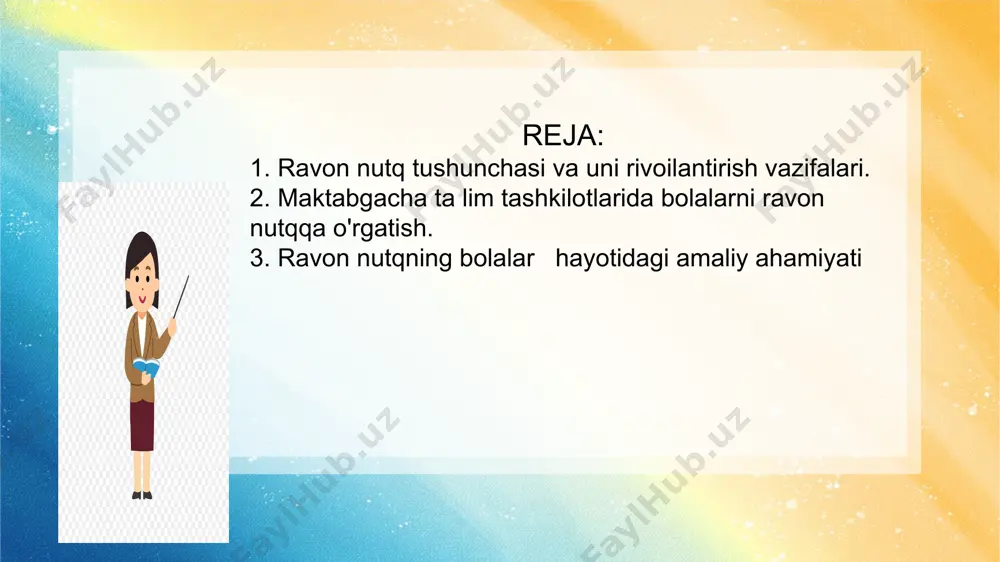r va belgilarda moddiylashtirilgan yozma nutqdir. 5 ta'lim tashkilotlarida o'qitish ikki shaklda amalga oshiriladi a) erkin nutqiy mulogot b) maxsus mashg'ulotlar 6 dialog ko'proq erkin nutqiy muloqotda paydo bo’ladi va u bolalar lug' atini boyitishning talaffuzga oid grammatik ko'nikmalarini tabiiy ravishda rivojlantirish bazasi, ravon nutq ko'nikmalariga ega bo'lish bazasi hisoblanadi. dialog maxsus mashg'ulotlarda o'qitiladi (oyiga 1-2 ta mashg'ulot); ta'lim tashkilotlarida bo'lib turgan vagti mobaynida bola erkin muloqotda pedagog va boshqa bolalar bilan muloqotga kirishadi. uyda esa kattalar bola bilan turli mavzularda dialogga kirishishlari lozim. dialogik nutqni (yoki og'zaki nutqni) o'rgatish odatda suhbat shaklida, ya' ni kattalar bilan bola o'rtasida hamda bolalarning o'zlari o'rtasida fikr almashish shaklida ro'y beradi. maktabgacha yoshning nihoyasiga kelib bola kattalarga xos bo’lgan og’zaki nutqning asosiy shakllarini egallashi, ya'ni ravon nutqning ikki shakli - dialogik va monologik nutqni egallab olishi shart. maktabgacha ta lim tashkilotining vazifasi bolalarda ravon so'zlashuv nutqni (dialogik nutq) va monologik nutqni rivojlantirishdan iborat. …