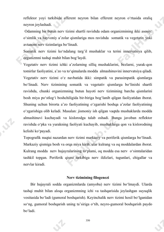 iga - har xil segmentlar o‘rtasidagi tugunlarni bir-biriga qo‘shib turadi. shuning uchun ularning ma’lum nuqtalaridagi ta’sirot ma’lum segment sohasiga tarqaladi. nerv tugunlari hayvonlarni bosh qismida ko‘proq to‘plangan bo‘lib sezgi a’zolari bilan bog‘lanadi. iii-bosqich naysimon nerv tizimi. umurtqali hayvonlarda nerv hujayralari bir-biri bilan bog‘lanib uzluksiz nerv tizimchasini hosil qiladi. uning ichida bo‘shlig‘i bo‘ladi. bu bosqichda nerv tizimi bir xil segmentlardan iborat bo‘lib, neyronlarning o‘simtalari ma’lum bir segmentga tegishli sohaga tarqaydi. nerv tizimining taraqqiyoti odamning markaziy nerv tizimi pushtning tashqi varag’i ektodermadan taraqqiy etadi. pusht tanasining dorsal qismlarida ektoderma hujayralari nerv (medullyar) plastinkani hosil qiladi. dastlab u bir qavat hujayralardan iborat bo‘lib, keyinchalik bu hujayralardan spongioblastlar (tayanch to‘qima-neyrogliyani hosil qiluvchi) va nerv hujayralarini hosil qiluvchi neyroblastlar takomillashadi. medullyar plastinka hujayralarining ko‘payishi uning turli qismlarida har xil bo‘lgani uchun u bukilib medullyar egat hosil bo‘ladi. uning chekkalari o‘sishi natijasida sekin-asta ko‘tariladi va o‘zaro birikib nerv nayini hosil qiladi. nerv nayi birikish davrida uch …