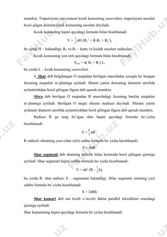 igi. shar sektori deb shar segmenti va uni hosil qiluvchi konusdan iborat figuraga aytiladi. agar shar segmenti yarimidan kichik bo`lsa, u uchi shar markazida asosi segment bo`lgan konus bilan to`ldiriladi. agar segment yarimidan katta bo`lsa, u holda aytib o`tilgan konus undan olib tashalanadi. shar sektori hajmi quyidagi formula bilan hisoblanadi: v = π r2h, bu yerda r - shar radiusi; h- segment balandligi; r- segment asosi radiusi. 1- masala. konusning yasovchisi asos tekisligi bilan 600 li burchak tashkil qiladi. konus yon sirtini uning asosi yuziga nisbatini toping. yechilishi: ma`lumki, = cos 600 = 0,5. javob: 0,5. 2 – masala. shar radiusi sm bo`lib, yon sirti asosidan 3 marta katta bo`lgan konusga tengdosh. konus balandligini toping. yechilishi: shar radiusini r bilan, ya`ni r= sm; r, h, l larni mos ravishda konusning asosini radiusi, balandligi va konusning yasovchisi deb belgilaylik. u holda masala shartiga ko`ra, ya`ni πr2 h = π r3, πrl …