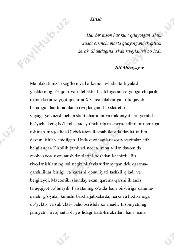 shladi. busiz jamiyatimizning biron-bir sohasini o’zgartirishga kirishib bo’lmasdi. islohatlarning taqdiri va samarasi birinchi navbatda kadrlarning saviyasiga, ularning zamon va taraqqiyot talablariga nechog’lik javob berishiga taqalib qolar edi. yurtimizning ertangi hayoti va taqdiri shu muammolarni yechish bilan bog’liqligini har qaysi fikrlovchi odam anglashi qiyin emas. ushbu muammolarni yechish uchun ta’limdagi yuzakichilikdan voz kechish, har bir soha, xar bir fanni zamon talabi darajasida aniq, ravon, tushunarli tarzda o’qitish, buning uchun esa, ta’lim berishdagi ilg’or ish tajribalaridan, dars o’tishning samarali metodlaridan va zamonaviy pedagogik texnologiyalardan foydalangan holda mahorat bilan dars o’tadigan o’qituvchi kadrlar zarur. har bir soha, har bir fan bo’yicha dars beruvchi o’qituvchi o’z fanini mukammal bilishi, uni yosh avlodga o’rgatish uchun bo’ladigan barcha qiyinchilik va muammolarga bardoshli bo’lishi, chigalliklarni oqilona hal qilmog’i kerak. eskicha ishlash, erishilgan natijalarni oshirib ko’rsatish, sifat o’rniga son ketidan quvish endilikda o’z-o’zimizni aldashdan, ko’z bo’yamachilik qilishdan boshqa narsa emasligini hammamiz bilib oldik. malakaviy bitiruv ishi mavzusining dolzarbligi. …
