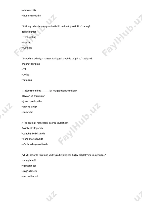yurish uchun tayanch istehkomiga ega bo`lish = turkiyaga yurish uchun tayanch istehkomiga ega bo`lish ? miloddan avvalgi ii asrda iqtisodiy hayotda eng muhim hisoblanuvchi yangilik to`g’ri ko`rsatilgan javobni toping. buyuk ipak yo`lining ochilishi = tut ipak qurtining xonakilashtirilishi = tanga pullarning ixtiro qilinishi = o`rta osiyoda metall omochning ixtiro qilinishi ? miloddan avvalgi i va milodiy i asrlar mobaynida paydo bo`lgan, yangi turkiyzabon etnos nomini aniqlang? kushonlar = daylar = toharlar = eftallar ? eftallardan engilgan kidariylar qaerga borib joylashishga majbur bo`ldilar? shimoliy hindistonga = janubiy tojikistonga. = afg’onistonga = marv vohasiga ? v-vi asrlarda ko`chmanchilar ta`sirida madaniy hayot biroz dag’allashadi. bu hol ayniqsa kulolchilikda yaqqol seziladi. ushbu ta`sir qaysi tarixiy hududlarda deyarli sezilmaydi? sharqiy so`g’d va toharistonda = buxoro va xorazmda = so`g’d va qashqadaryoda = tohariston va xorazmda ? g’arbiy turk xoqonligida davlat boshqaruvida islohotlar o`tkazgan hukmdorni aniqlang.? to`nyabg’u = asanshod = bumin = eltarish xoqon ? «fil …