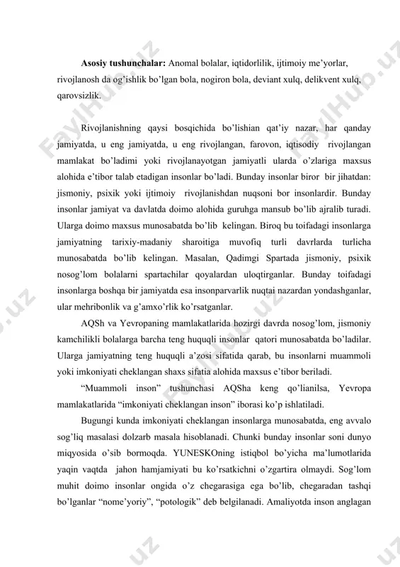 n vaqtda jahon hamjamiyati bu ko’rsatkichni o’zgartira olmaydi. sog’lom muhit doimo insonlar ongida o’z chegarasiga ega bo’lib, chegaradan tashqi bo’lganlar “nome’yoriy”, “potologik” deb belgilanadi. amaliyotda inson anglagan yoki anglamagan holda o’zgalarni belgilariga muvofiq layoqatli yoki layoqatsiz deb baholaydi. me’yor tushunchasi tibbiyotda, psixologiya, pedagogika, sosiologiya va boshqa fanlarda keng qo’llanilib kelinadi. bu tushuncha aniq va yaxlit, yagona, ta’rif berishga bo’lgan intilash muvaffaqiyatsizlikbilan yakunlangan. masalan, faqatgina tibbiyotda olimlar 200ga yaqin ta’rif berganlar. “me’yor” tushunchsi ifodalab berishning murakkabligi shundaki, u nafaqat terminologik, balki mazmun mohiyat jihatidan ham yagona ifodaga ega emas. masalan, axloqiy me’yorlar doimo bir xil, hamma uchun deb belgilana olmaydi. shu sababli ham ular birinchidan, milliy o’ziga xoslik bundan tashqari, vaqt o’tishi bilan qayta-qayta o’zgarib turadilar. aqshda ii jahon urushidan so’ng 2-3 o’n yiliklar mobaynida chekish odatiy “me’yor” hisoblangan bo’lib, unga jamiyatda bee’tibor bo’lganlar, hozirda, jamiyat bu sog’liq uchun zararli odatga qarshi turgan bir vaqtda, chekishga axmoqona xulq belgisi sifatida munosabatda …