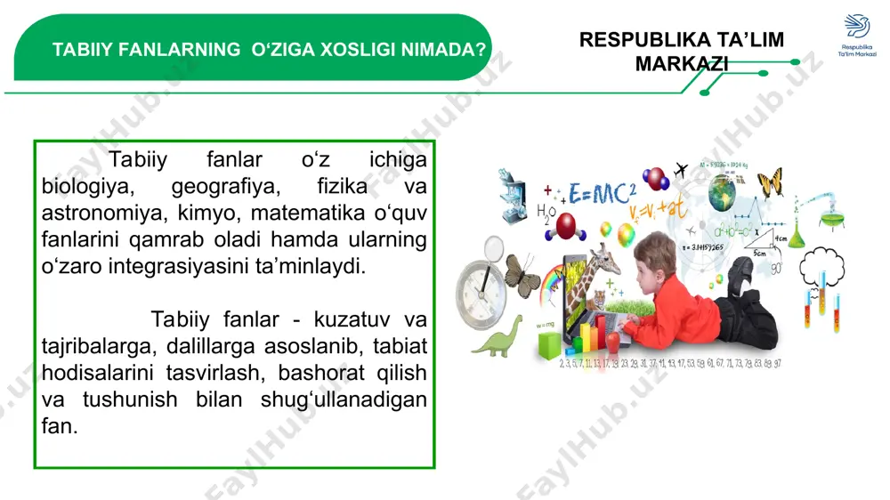 konini beruvchi ilg‘or metodlar beriladi. 1 2 4 5 3 6 ўқитувчи китобида ҳар бир мавзуни ўқитиш ва ўқувчиларда амалий кўникмаларни ривожлантириш имконини берувчи илғор методлар берилади. * milliy o‘quv dasturi milliy o‘quv dasturi kompetensiyasi respublika ta’lim markazi milliy o‘quv dasturi nazariy bilimlar asosida turli tabiiy obyektlar, hodisa va jarayonlarning o‘ziga xos xususiyatlarini biladi, tasavvur qiladi va mohiyatini tushunadi; kundalik hayotda kuzatadigan tabiiy hodisa va jarayonlarni tabiiy fanlarga oid atamalar, tushunchalar hamda umumiy qonuniyatlarni olgan bilim, ko‘nikma va malakalariga tayanib tushuntiradi, amalda qo‘llaydi; turli axborot manbalarida berilgan ma’lumotlarni tahlil qiladi, saralaydi, ulardan ta’limiy maqsadlarda foydalanadi va muloqot jarayonida bildirilgan fikrlarni tushunadi, mustaqil va ijodiy fikrlaydi; jamiyatda ro‘y berayotgan ijtimoiy-iqtisodiy, fan-texnika yangiliklaridan xabardor bo‘ladi hamda o‘z faoliyatini kreativ rivojlantira oladi; salomatlik va sog‘lom turmush tarzining nazariy hamda amaliy asoslarini biladi. turli tadqiqotlarni rejalashtiradi, loyihalashtiradi, amalga oshirish usullarini taklif etadi. ilmiy xabardorlik kompetensiyasi respublika ta’lim markazi milliy o‘quv dasturi tabiiy fanlardan egallagan …
