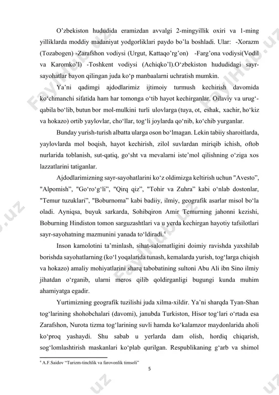 shaydi. shu sabab u yerlarda dam olish, hordiq chiqarish, sog‘lomlashtirish maskanlari ko‘plab qurilgan. respublikaning g‘arb va shimol tomonlari cho‘l-sahrolar bilan tutashgan bo‘lsada past, yassi tog‘lar bilan o‘ralib, chimqo‘rg‘on, arnasoy, kattaqo‘rg‘on kabi suv omborlari, katta-kichik sun’iy ko‘llarning nam havosi ekologik jihatdan tabiiy muvozanatni saqlab turadi. orol dengizi muammolari ham asta-sekin hal qilinish arafasidadir. respublikamizda turizmning shakllanishi va rivojlanishi haqida bir qator ilmiy-ommabop kitoblar, o‘quv-uslubiy qo‘llanmalar yaratilgan. ular orasida mutaxassis olimlar r.abdumalikov, t.x.xoldarov va boshqalar tomonidan tayyorlangan dasturlar, o‘quv-qo‘llanmalar muhim ahamiyatga ega. respublika turizmi tarixida i.g‘.xolmurodov, v.i.kucheryavix (samarqand), v.ratsek, a.v.kolbinsev (toshkent) kabi iqtidorli mutaxassislarning o‘rni e’tiborga loyiqdir. o‘zbekistonda turizmni rivojlanishi yuqoridan berilgan ko‘rsatmalar asosida faoliyat ko‘rsatib keldi. endilikda davr talablariga mos ravishda tarixiy shaharlarga sayr (ekskursiya) uyushtirishga katta e’tibor berilmoqda. bu yo‘lda katta-katta shaharlar va chet ellardan tashrif buyurgan sayohatchilarni toshkent, samarqand, buxoro, xiva kabi shaharlarda qabul qilish, ularga madaniy xizmat ko‘rsatish borasida yuqori tajribalarga erishildi. mahalliy sharoitda o‘quvchi-yoshlar va talabalarning sayr-sayohatlarini …