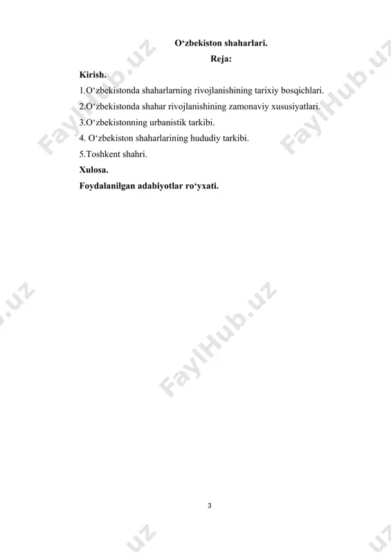 imiyati organlari tegishli hududiy bo‘linmalarining mansabdor shaxslari, shuningdek fuqarolik jamiyati institutlarining vakillari kiritilishi mumkin. komissiyalarning ishlash va ularning faoliyatini tugatish tartibi o‘zbekiston respublikasi vazirlar mahkamasi tomonidan tasdiqlanadi. viloyatlarni tuzish va tugatish o‘zbekiston respublikasi vazirlar mahkamasining taklifiga ko‘ra o‘zbekiston respublikasi oliy majlisi tomonidan amalga oshiriladi. o‘zbekiston respublikasi vazirlar mahkamasi o‘zbekiston respublikasi oliy majlisiga quyidagi hujjatlarni taqdim etadi: · o‘zbekiston respublikasi oliy majlisi qonunchilik palatasining va senatining qarorlari loyihalari; · o‘zbekiston respublikasi vazirlar mahkamasi tomonidan tashkil etilgan komissiya xulosasi; · viloyat chegaralarining va viloyat tarkibiga hududlari o‘tkazilayotgan ma’muriy-hududiy birliklar chegaralarining kartografik chizmasi hamda viloyat chegaralari chizig’ining tavsifi (viloyatni tuzish to‘g’risidagi taklifga ilova qilinadi); · tarkibiga tugatilayotgan viloyat hududi o‘tkazilayotgan ma’muriy-hududiy birliklar chegaralarining kartografik chizmasi va ma’muriy-hududiy birliklar chegaralari chizig’ining tavsifi (viloyatni tugatish to‘g’risidagi taklifga ilova qilinadi); · viloyatni tuzish yoki tugatish bilan bog’liq tegishli hisob-kitoblar va xarajatlarni moliyalashtirish manbalari . maqsad va vazifalari. kurs ishining maqsadi o‘zbekiston shaharlarini o‘rganishga qaratilgan. shu bilan …