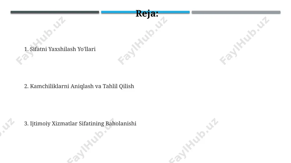 hujjatlar, kuzatishlar, intervyular) triangulyatsiya usulini qo'llash natijalar ishonchliligini oshiradi. ijtimoiy xizmatlar sifatini baholashda kamida 100 nafar foydalanuvchidan anonim so'rovnomalar orqali ma'lumot to'plash va statistik tahlil qilish orqali natijalarni umumlashtirish tavsiya etiladi. yaxshilanishlarni monitoring qilish va baholash яхшиланган хизматлар сифатини баҳолаш учун 5 баллик шкаладан фойдаланиш, 1-3 балл қониқарсиз деган маънони англатади ва ўзгаришларни талаб қилади. мижозларнинг қаноатлантирилишини ўлчаш учун социологик сўровнома ўтказиш, 100 тадан ортиқ респондент жалб этиш натижаларини таҳлил қилиш муҳим. йил давомидаги ишлар самарадорлигини таҳлил қилишда кўрсаткичлар динамикасини кузатиш ва камчиликларга 20% дан ортиқ йўл қўймаслик мақсадга мувофиқдир. foydalanuvchilarning qoniqishini o'lchash usullari foydalanuvchilarning qoniqish darajasini aniqlash uchun, xizmatdan foydalanishdan oldin va keyin o'tkaziladigan 2 ta parallel so'rovnoma natijalarini taqqoslash orqali samaradorlikni aniqlash mumkin. foydalanuvchilarning qoniqishini o'lchashda 5 balldan iborat likert shkalasi keng qo'llaniladi, bu esa xizmatlarga bo'lgan munosabatni aniq miqdoriy baholashga imkon beradi va 80% dan ortiq javoblarni qamrab oladi. so'rovnomalar orqali to'plangan ma'lumotlarni tahlil qilishda, jumladan, ochiq …