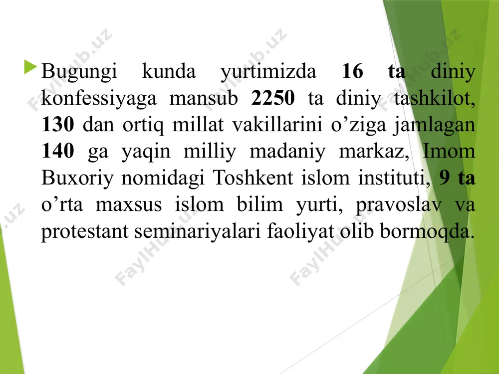 ор”, юксак ахлоқли “ҳақиққатгўй” сифатида кўрсатдилар. ядҳ тўрига кўпроқ ёшлар илиндилар. ядҳ қатъий таълимотга эга бўлмаган ташкилот бўлиб, унинг фаолияти лидер роли билан белгиланган. лидерлар анъанавий диний қадриятларга қарши ташвиқот ишларини олиб борганлар. диний ҳаёт махсус ишлаб чиқилган тартиб қоида ва низомлар орқали амалга оширилган. ядҳларнинг баъзилари дунёнинг турли бурчакларида ўз бўлинмаларига эга бўлган, бизнес билан шуғулланувчи йирик халқаро корпорацияларга айланди. замонавий тадқиқотлар адабиётлар адабиётлар yadh meditatsiya amaliyotini keng qo’llaydilar, tashkiliy jihatdan piramida shaklida boshqariladi. ularning aksariyati noqonuniy faoliyat yurituvchi, kriminal tashkilotlardir. masalan; 1. “aum sinrike”(yaponiya) 2. “quyosh ehromi”(fransiya va kanada) “aum sinrike” aum (sanskritcha “olam”)haqiqati ta’limoti;, ingliz tilida “supreme truth”, ya’ni “oliy haqiqat” deb tarjima qilingan. usbu sekta 2000 yildan boshlab “alef” nomi bilan faoliyat yuritmoqda. “aum sinrike” yangi diniy, terroristik, ekstremistik, totalitar, destruktiv sekta bo’lib buddizmi asosida yaponiyada vujudga kelgan. sektaga yaponiyalik syoko asaxara 1987 yil asos solgan. shuningdek, aholisi an’anaviy ravishda buddaviylik va islomga e’tiqod qilib kelgan …