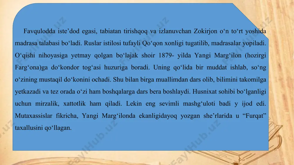 , maqolalari uning publitsistikasini tashkil etadi. 1891- yili “turkiston viloyatining gazeti”da bosilgan “xo‘qandlik shoir zokirjon furqatning ahvoloti. o‘zi yozg‘oni” deb nomlagan tarjimayi holi uni bizga jurnalist va nosir sifatida tanitadi. adabiyotshunoslikda bu esda liklar shartli ravishda “furqatnoma”, ba’zan “sarguzashtnoma” nomlari bilan yuritiladi. furqat ijodiy merosida to‘rt ilmiy asar uchraydi. ularning uchtasi etnografik xarakterda bo‘lib, “to‘y tavsifi”, “gap ta’rifida”, “aza tavsifi” deb ataladi. to‘rtinchisi “ilmi ash’orning qoidayi avzoni” (she’r ilmining o‘lchov qoidalari) atalib, adabiyot havaskorlari uchun qo‘llanma sifatida tuzilgan, unda aruz vaznining qoidalari bayon etilgan. furqatning mana shunday keng ko‘lamli ijodi bo‘lishiga qaramay, xalq uni, asosan, lirik shoir sifatida e’tirof etadi. lirikasi g‘azal, masnaviy, muxammas, musaddas, mustazod kabi janrlardan iborat. she’rlarining salmoqli qismi g‘azal ar bo‘lib, ularning soni 200 atrofida. shoirning yuksak badiiy mahorati, she’riyatining nafosati ham aynan g‘azallarida namoyon bo‘ladi. ayniqsa, oshiqona kechinmalar bayonida, ma’shuqa jamoli tasvirida yangi, o‘ziga xos tashbihlarni, ifo da vositalarini qo‘llaydi. tilining jozibadorligi, uslubning ravonligi, ifodaning …
