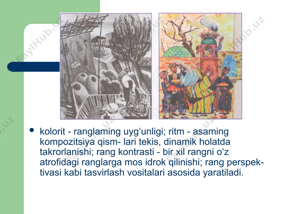 r bilan to‘la nurlar orqali kartinalar jonlangan. 0‘zbekistonda xizmat ko‘r- satgan san’at arbobi, mohir pedagog p. p. benkov o‘z asar­lari bilan o‘zbek tasviriy san’a- tiga salmoqli hissa qo‘shgan rassom. n. ten. «qutqaring». p. benkov. «hovli». pavel petrovich benkov serquyosh, serfayz o‘lkamizni sevib qolgan va umrining oxirigacha shu yerda qolib ijod qildi. u yarat- gan suratlaming har birida jonajon respublikamizning go‘zal tabiati, o‘zbek xalqining hayoti va mehnati tasvirlanadi. 0‘zbekistonning go‘zal tabiati taniqli rassom 0‘rol tansiqboyev- ning ijodida markaziy o‘rinni egallaydi. 0‘. tansiqboyevning ijodi, asosan, 0‘rta osiyoning go‘zal va nafis tabiat manzaralarini mo‘y- qalam yordamida haqqoniy aks ettirishga qaratilgan. uning «issiqko‘l oqshomi», «0‘zbekistonda bahor», «qayroqqum gesining tongi», «0‘rik gullamoqda», «kuz tongi» kabi ko‘plab asarlari rassomning manzaranafislik san’atining mohir ustasi sifatida jahonga tanitdi. 0‘rol tansiqboyevning «oqshom pallasi» asarini tahlil qilsak, tomoshabinning ko‘z o‘ngida gullab-yashnayotgan o‘zbek diyori, uning dilga orom beruvchi tabiati, kishining mehnati bilan bog‘- bo‘stonga aylanayotgan yerlar gavdalanadi. 0‘. tansiqboyev. «qqshom pallasi». …