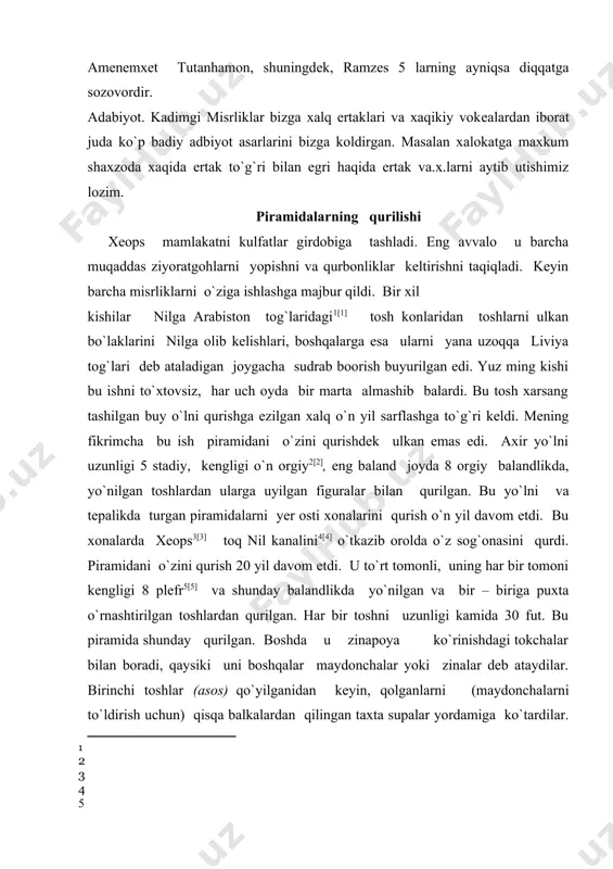 irgan bo`lishlari mumkin. menga axir har ikki usullar to`g`risida xabar berdilar va shuning uchun men ularni keltiraman. shunday qilib, boshda piramidani yuqori qismi tugallangan edi, keyin o`rta va oxirida yerdagi quyi bosqichlarni qurdilar. piramidada misr yozuvlari bilan ishchilar qancha sholg`om, piyoz, sarimsoq yeganlari belgilangan. va men juda yaxshi eslayman, menga yozuvlarni o`qigan tarjimon bularni hammasiga 1600 talant [6] sarflangan deb tushintirdi. agar bu to`g`ri bo`lsa temir qurollar, ishchilar uchun non va kiyim uchun qancha pul ketdi, foydalanilgan qo`llanmalar: 1. авдиев в.и. история древнего востока. м. -1948, 1953, 1976. 2. история древнего востока. под ред. кузыщина а.е. м. высшая школа.1979. 3. история древнего востока. под ред. кузищна в.и. м., 2002. 4. история древнего востока. под ред. г.м.бонгард-левина. м. высшая школа. т.i 1984, т.ii. 1984, т iii 2003. 5. д.г.редер, е.а.черкосова. қадимги дунё тарихи. i-ii қисм. тошкент 1974 1975. 6. қадимги дунё тарихи.–ю.с.крушкол тахрири остида 2 ж. т. 1975. 7. история древней …