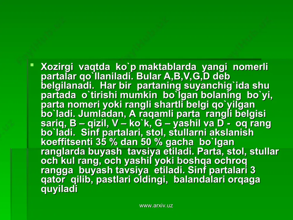 arslarning bir kunda yig’ilib qolishi gigienik jihatdan noo’rin hisoblanadi. ayrim hollarda ona tili va adabiyotdan insho yozilgan kuni, matematikadan va mehnatdan yozma ish yozishga ruxsat etiladi. www.arxiv.uz www.arxiv.uz dars jadvalini tuzishda har xil predmetlarni almashtirib o’tilishiga e’tibor beriladi. shunday qilganda o’quvchining faoliyati bir turdan ikkinchisiga o’tadi, natijada miya yarim sharlari po’stlogidagi funksional hujayralarning ishchanlik qo’biliyati tiklanadi, ikkinchi signal sistemasining ko’proq ishlatishga to’g’ri keladi. ishga ko’nikish davrida birinchi darsga o’rtacha qiyilikdagi predmetni, ikkinchi va uchinchi darslarga ya’ni optimal ishchanlik davriga qiyin predmedlarga oxirgi darslarga esa yengil predmetlarni kiritish kerak. www.arxiv.uz www.arxiv.uz dars gigienasi. o’quvchilar o’quv ishining asosiy shakli dars bo’lib, u turlichi olib borilishi mumkin. o’quvchilar aqliy mehnat qobiliyatining rivojlanishi, darslarni o’zlashtirishlari salomatliklari darslarni gigienik jixatdan qay darajada rasional tashqil qilinishiga ko’p jihatdan bog’likdir. darsni to’g’ri tashkil qilishda birinchi navbatda uning davomliligi, tarkibi ( tuzilishi va mazmuni ) . dars o’tilagan joydagi ( sinfdagi ) asosiy gigienik talablarga rioya qilish nazarda …