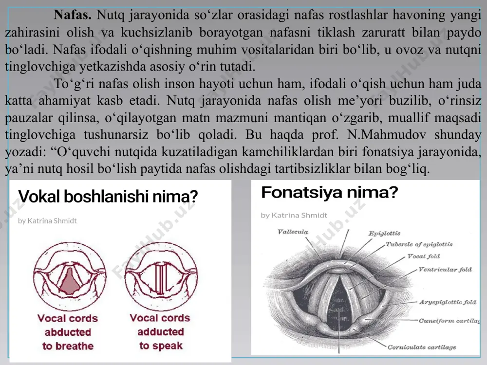 lash nafas olish, ya’ni pastki qovurg‘alar, diafragma ishtirokida nafas olish. bunda ko‘krak qafasi va kiftlar ko‘tarilmaydi. so‘zlaganda ravon, hovliqmasdan tabiiy nafas olish, uni kerakli ohang talabiga ko‘ra sarflash zarur. s.inomxo‘jayev, a.zunnunovlar tomonidan yaratilgan “ifodali o‘qish asoslari” o‘quv qo‘llanmasida nafas faoliyatini yaxshilash uchun quyidagi besh xil nafas mashqi tavsiya qilinadi: kontrol mashq. bu nafasning diafragmal–aralash usulda to‘g‘ri olinishini nazorat qilish maqsadida o‘tkaziladigan mashqdir. uni o‘tkazishda tik va erkin turib, ikki qo‘l bilan ikki (oxirgi) qovurg‘ani bosib, ohista, chuqur nafas olinadi va yana asta–sekin nafas chiqariladi. bunda ko‘krak qafasi va yelka ko‘tarilmaydi. chuqur nafas yetimcha qovurg‘a ustiga qo‘yilgan qo‘lni ikki yonga ko‘taradi. mashq yaxshi o‘zlashtirilgunga qadar muntazam davom ettiriladi. 2.qorinni tortish mashqi. bu mashq chuqur nafas olib, o‘pka havoni to‘ldirilgach, nafasni chiqarmay, “ushlab” turgan holda, qorinni yuqoriga tortish mashqidir. mashq qorinni tortib turish ko‘nikmasi hosil bo‘lgunga qadar davom ettiriladi. 3. sanash mashqi. bu diafragmal usulda nafas olib, erkin turgan holda, erkin ovoz …