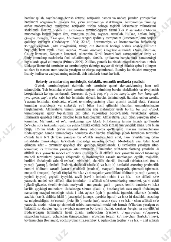 sik birliklarning mavjudligi muhim ahamiyatga molikdir. ijtimoiy-iqtisodiy va sotsial-siyosiy jabhalarga doir hodisa va tushunchalarni ifodalovchi ijtimoiy-siyosiy va sotsial- iqtisodiy terminologiya xalq kundalik hayotida sodir bо„luvchi turfa voqealar bilan yaqindan bog„langan. davlatning siyosiy-ma‟muriy qurilishi, tashqi siyosiy faoliyati, ijtimoiy tuzilishi va sinfiy tabaqalanishi, jamiyat a‟zolariaro savdo moliyaviy munosabatlar bilan mustahkam aloqaga ega ijtimoiy-siyosiy va sotsial-iqtisodiy terminologiya tizimidagi leksik-semantik guruhlarga kiruvchi termin hamda termin-birikmalar о„zbek tili lug„at tarkibini tо„ldirigan va boyitgan. xi-xii asrlarga xos qoraxoniylar davri qо„lyozma manbalari qarindosh turkiy tillar, chunonchi, о„zbek, uyg„ur, turkman, qozoq, qirg„iz va h.k. tillar tarixi bilan bevosita bog„liq. xii-xiv asrlarda markaziy osiyo va о„rta osiyo, dashti qipchoq, volgabо„yi, qirim hamda mamlyuklar hukmronlik qilgan misrning keng mintaqalarida turfa mazmundagi, rang-barang janrdagi dunyoviy va diniy turkiy yozma yodgorliklar yaratilgan va shuhrat topgan. mazkur nodir yozma obidalarning tili ulkan hududa istiqomat qiluvchi turkiy xalq (о„zbek, turkman, qozoq, qirg„iz, tatar, turk, ozarbayjon va h.k.)lar adabiy tillarining shakllanishida muhim ahamiyat kasb etganligi …