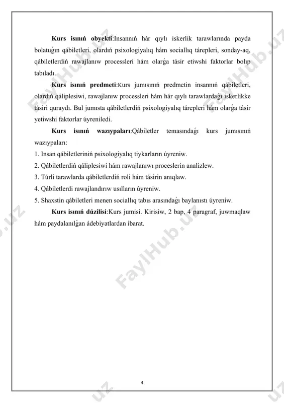 ádebiyatlardan ibarat. i-bap. qábilet túsinigi qábilet hám dúzilis túrleri 1.1 qábiletlerdi qáliplestiriw tábiyiy beyimliliklerdiń rawajlanıwı. kónlikpelerdi uliwmalastırıw sheberlik dep ataladi. sheberlik te qábilettiń ózi.hár qanday qábilet de quramalı bolıp, ol adamǵa hár qıylı talaplar qoyadı. eger shaxs qásiyetleri sisteması usı talapqa juwap bere alsa, adam iskerlikti tabıslı ámelge asırıw ushın óz qábiletin kórsete aladı, eger qásiyetlerden qaysı biri rawajlanbaǵan bolsa, shaxs miynettiń belgili bir túrine de qábiletli dep bahalanadı. hár bir qábilettiń ózine tán dúzilisi bar. qábilet quramında tayanish hám jetekshi qásiyetlerdi, belgili bir tiykarǵı yamasa járdemshi qásiyetlerdi parıqlaw kerek. barlıq qábiletler ushın tiykarǵı tayanısh qásiet baqlawshılıq, biliw uqıbı bolıp esaplanadı. bwl individual zattıń ózine tán tárepi, dóretiwshilik iskerlik ushın baslanǵısh materialdı kóre biliw degen sóz. qábilettiń jetekshi ózgesheligi dóretiwshilik kóz aldına keltiriw bolıp esaplanadı. tómendegilerdi járdemshi qásiyet dep esaplaw múmkin: este saqlaw (ol iskerlik talaplarına muwapıq ózine tán dúziliste boladı), emocionallıq, yaǵnıy sezimge beriliwsheńlik (bul qásiyet shaxstıń iskerligin arttıradı) …