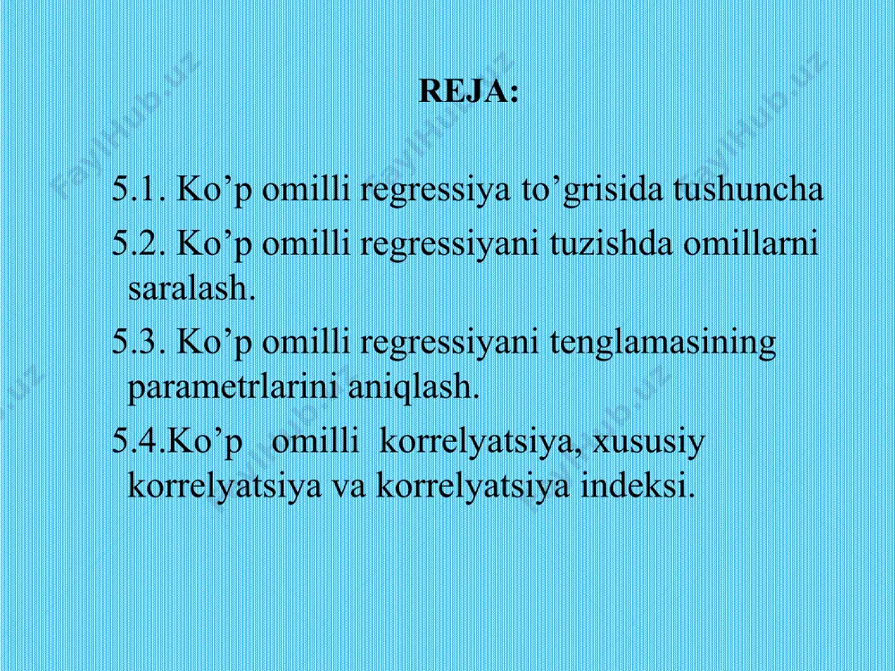 adi barcha hisob kitoblarni quyidagi jadvalga joylashtiramiz № y x1 x2 x12 x1·x2 y·x1 y·x2 x22 1 5,0 3,9 10,0 15,21 39 19,5 50 100,0 2 7,0 3,9 14,0 15,21 54,6 27,3 98 196,0 3 6,0 3,7 15,0 13,69 55,5 22,2 90 225,0 4 4,0 4,0 16,0 16 64 16 64 256,0 5 7,0 3,8 17,0 14,44 64,6 26,6 119 289,0 6 7,0 4,8 19,0 23,04 91,2 33,6 133 361,0 7 8,0 5,4 19,0 29,16 102,6 43,2 152 361,0 8 8,0 4,4 20,0 19,36 88 35,2 160 400,0 9 8,0 5,3 20,0 28,09 106 42,4 160 400,0 10 10,0 6,8 20,0 46,24 136 68 200 400,0 ∑ 70,0 46,0 170,0 220,4 801,5 334,0 1226,0 2988,0 unga mos normal tenglamalar sistemasi: 3 ta no’malum 3 ta tenglama. ushbu tenglamalar sistemasini echish uchun kramer formulasidan foydalanamiz yani: = = = bu erda: -3 tartibli detirminat detirminatni hisoblash uchun uchburchak qoidasidan foydalanamiz y=-0,432+0,97516x1+0,17330x2 …