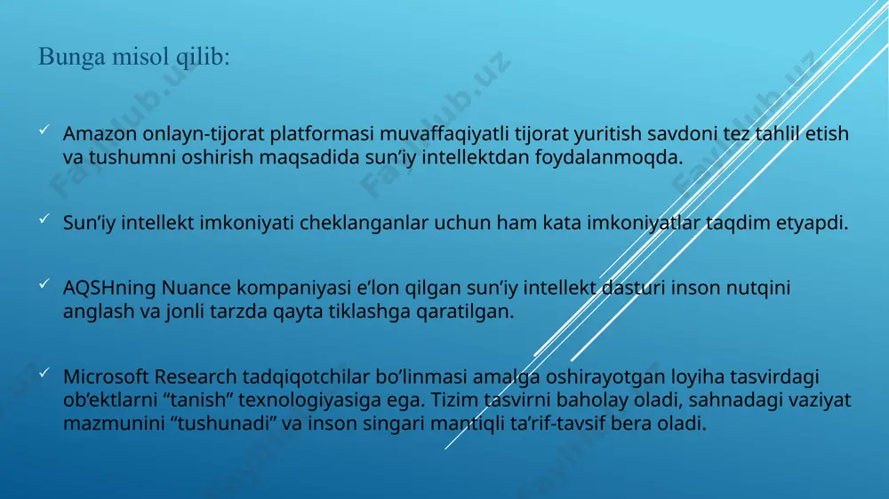 lda . ekspert tizim – bu oldidan mo’ljallab qo’yilgan va boshqa bilimlardan ajratilgan soxa bilimlariga asoslangan dastur. evristika – fan sohasidagi echim izlashni cheklaydi yoki soddalashtiradigan qoida. semantik tarmoq – bu bilimlarni graf shaklida ko’rsatuvchi metod, unda uch qismlari ob’yektlarni, yoylar esa uning xususiyatlarini bildiradi. slot – bu ob’ekt xususiyati atributi tavsifi. etni tashkillashtirilgan strukturasi. et asosida bilimlar bazasi (bb) yotadi. bu yerda bilim faktlar va qoidalarning o’zaro bog’liq shaklda qabul qilinadi, xoh ular to’g’ri bo’lsin, xoh noto’g’ri yoki qaysidir darajada ishonchlilikka ega bo’lsin. etda ko’p qoidalar,masalan,empirik yoki tajribali qoidalar yoki soddalashtirish, evristika bo’ladi. et evristikani ishlatishga majbur, chunki bu erda echiladigan masalalar odatda qiyin bo’ladi va oxirigacha tushunib bo’lmasligi, matematik yozuvga tushmasligi mumkin. fan sohasi haqida saralab olingan bilimlar bazaviy bilimlar, masalani yechishda qaror qabul qilishda ishlatiladiganlari esa umumiy bilimlar deyiladi. shunday qilib, etdagi bilimlar bazasi (bb) faktlar va qoidalardan iborat bo’ladi, xulosa: sun’iy intellekt bu tiriklik dunyosidagi eng …