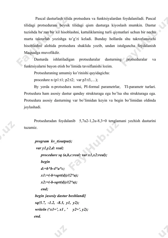 2007 йил. 11. закиров ф.и др.информатика и информационные технологии”.ташкент 2007 г. 12. симонович с.в. и другие. общая информатика. учебное пособие. – м.: издательство «астпресс», 2001 program nsf(input,output); uses crt; var a,b,c,w:real; {ностандарт функцияни тавсифлаймиз} function f(x,y:real):real; begin f:=ln(exp(3*x)+exp(ln(x)*ln(y))+ sqrt(x*y)); end; begin clrscr; write(‘a=’); readln(a); write(‘b=’); readln(b); write(‘c=’); readln(c); w:=f(a,b)-sqr(f(c,b)+1)+exp(4* *ln(int(f(a,c)))); writeln(‘натижа w=’,w:3:6); end. boshlash tamomlash _1110348447.unknown _1148123251.unknown _1148123374.unknown _1148123387.unknown _1148111764.unknown _1110348563.unknown _1109247424.unknown _1110348428.unknown _1109247759.unknown _1109247306.unknown