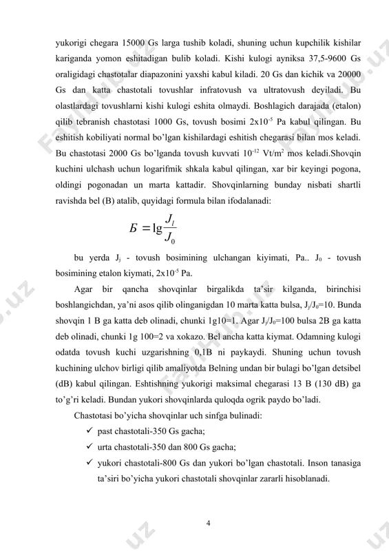 analizatorlar, uziyozar uskunalar, magnitofonlar hamda ossillograflardan foydalaniladi. o’lchash yo’nalish bo’yicha shovqinni ulchash usullarini nazorat va muxandis usullariga ajratish mumkin. nazorat usuli - asosan ishlab chiqarish, transport, maishiy shovqinlarning sanitariya talablariga mosligini tekshirish uchun qo’llaniladi. bu usulda oktavali chastotali polosalari bo’lgan analizatorlar va shovqin ulchagichlardan foydalaniladi. muxandis usuli - shovqin manbalarini tekshirish, uning paydo bo’lish sabablarini taxlil qilish, shovqini sundirish vositalarini ishlab chiqish. bu usulda ulchash uchun uchdan bir oktavali tor polosali analizatorlar, yorug’lik nurlari hisoblash asbobi va boshka asboblar ishlatiladi. shovqinga qarshi kurash usullari. shovqinga qarshi kurashish quyidagi usullar bilan amalga oshirilishi mumkin: okilona akustik rejalashtirish (shovqinli uskunalarni to’g’ri joylashtirish); manbaning shovqin chiqarishini kamaytirish; · shovqinni ixotalash; · shovqinni yutish; · shovqinga qarshi to’siqlar qo’llash; · shovqinni buguvchi moslamalar qo’llash; · shovqinga qarshi shaxsiy himoya vositalari qo’llash. ratsional akustik rejalashtirish. korxona obyektlarini rejalashtirish, bosh rejani loyihalashda shovqin chiqaruvchi obyektlarni lokallashtirish, ma’lum joylarga, ya’ni boshka obyektlarga shovqinning zarari tegmaydigan qilib joylashtirish …