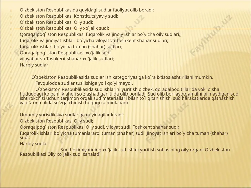 ton respublikasi harbiy sudi; okrug va hududiy harbiy sudlardan iborat. o`zbekiston respublikasi harbiy sudlari: o`zbekiston respublikasi mudofaa vazirligi. davlat chegaralarini qo`riqlash bo`yicha qo`mitasi, milliy xavfsizlik qo`mitasi, favqulodda holatlar bo`yicha vazirligi, ichki ishlar vazirligi qo`shinlari va qonunchilikka muvofiq tuziladigan boshqa harbiy qismlar, shuningdek, harbiy xizmatga majburlarning o`quv yig`inlarini o`tash chog`ida sodir etgan jinoyatlari yuzasidan ishlarni; harbiy hizmatchilarning da`volari bo`yicha harbiy qismlar, harbiy birlashma va qo`shilmalar, harbiy boshqarmalar organlarining qo`mondonligiga nisbatan fuqarolik ishlarini va harbiy mansabdor shaxslarning xatti-harakati (qarori)ga nisbatan shikoyatlarni; alohida vaziyat tufayli umumiy yurisdiksiya sudlari faoliyat yuritmaydigan joylardagi barcha fuqarolik va jinoyat ishlarni; davlat siriga daxldor ishlarni ko`rib chiqadi. inson huquqlari va erkinliklarini himoya qilish, jamiyatda qonuniylik va adolatni qaror toptirish sud organlarining asosiy maqsadidir. sud organlari faoliyatining muhimligi kishilar o`rtasida vujudga kelgan mojarolarni zo`ravonliksiz, mamlakatda qabul qonunlar asosida hal etilishida mujassamlashgan. 3. o`zbekiston respublikasi konstitutsiyasida barcha uchun majburiy bo`lgan shunday qoida mustahkamlab qo`yilgan: faqat sud shaxsni jinoyat sodir etganlikda …