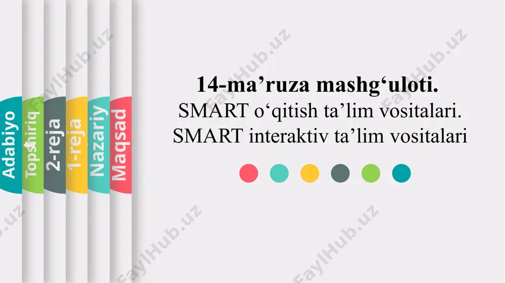 onini berish. 7 smart vositalarda interaktiv funksiyalar sensorli ekran o'quvchilarning interaktivligini oshirish uchun sensorli ekranlar. yozuv va chizish o'quvchilarning g'oyalarini yozuv va chizish orqali ifodalash imkoniyati. o'yinlar o'quvchilar uchun interaktiv o'yinlar orqali o'rganishni qiziqarli qilish. internetga kirish o'quvchilar uchun internetga kirish va qo'shimcha ma'lumotlarni olish imkoniyati. 8 smart interaktiv ta'lim vositalari qanday ishlaydi? 1 sensorli ekran sensorli ekran o'quvchilarning ta'sirini aniqlaydi. 2 dastur dastur o'quvchilarning harakatlariga javob beradi. 3 multimedia multimedia kontent o'quvchilarga taqdim etiladi. 4 interaktivlik o'quvchilar ma'lumot bilan o'zaro aloqa qiladilar. 9 smart interaktiv ta'lim vositalari imkoniyatlari 1 taqdimotlar taqdimotlar yaratish va namoyish qilish imkoniyati. 2 video va audio video va audio kontentni namoyish qilish va o'ynatish. 3 o'yinlar interaktiv o'yinlarni o'ynatish va o'quvchilarni jalb qilish. 4 internetga kirish internetga kirish va onlayn resurslardan foydalanish. 5 boshqarish paneli o'qitishni boshqarish va turli xil funksiyalarni sozlash. 10 smart interaktiv ta'lim vositalari qanday qo'llaniladi? 1 darslar o'quvchilarni jalb qilish uchun …