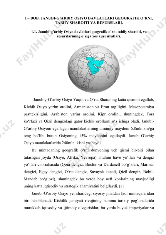 echirgan. xviii–xx asr boshlarigacha bo’lgan davrlaroralig’ida esa u ba’zan siyosiy ahamiyati oshgan, ba’zi davrlarda jahon siyosatida o’z o’rnini yo’qotib qo’ygan holatda mavjud bo’lgan. birinchi jahon urushida germaniya imperiyasi tomonida jang qilgan mazkur imperiya mag’lubiyatdan so’ng antanta a’zolari tomonidan bo’lib olindi. jahon siyosiy kartasi shakllanishining yangi va eng yangi davrlarida geografik o’rni juda qulay bo’lgan janubi-g’arbiy osiyoga ko’plab yirik davlatlar tomonidan qiziqish kuchayib ketdi. 1869-yilda suvaysh kanalining qurilishi, boy neft va metall ruda konlarining ochilishi, qishloq xo‘jalik xom ashyosi, mehnat resurslarining naqd arzon manbai – bularning hammasi mintaqaning iqtisodiy, siyosiy va harbiy-strategik ahamiyatini oshirdi, hamda imperialistlararo kurashning zo‘rayib ketishiga, asosan angliya, fransiya, keyinchalik germaniya va aqsh o‘rtasida hududlarni bo‘lib olishga va uning siyosiy xaritasini o‘zgarishiga olib keldi. i jahon urushidan so‘ng janubi-g‘arbiy osiyo mamlakatlarida milliy ozodlik harakatlari uchun kurash boshlandi. birinchilardan bo‘lib mustaqillik uchun kurashda 1919-yil afg‘oniston g‘alabaga erishdi. 1920-yil eron suverentetini qo’lga kiritgan, 1923-yil turkiya respublika e’lon qilindi. ii jahon …