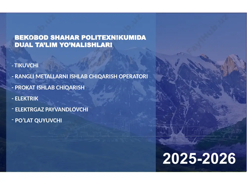 hi o’quv rejasi va dasturlarni qayta ko’rib chiqish buyurtmachilarning takliflariga muvofiq fanlarni bir-biriga integratsiya qilishga hamda ajratilgan soatlar doirasida mutaxassislik va umumkasbiy fan modullarining soatlarini 30 foizgacha o’zgartirish 2025-yil 1-yanvardan boshlab kasbiy ta’lim dasturlari kasbiy standartlar asosida ishlab chiqiladi kasbiy malakalarni rivojlantirish bo’yicha tarmoq kengashlari, tadbirkorlik subyektlari, yirik ish beruvchi va uyushmalar bilan kelishilgan holda amaliyotga kiritiladi mahalliy va xorijiy ish beruvchilar bilan to’lov kontrakt asosida kadrlar tayyorlash va qisqa muddatli o’quv kurslarini tashkil etish bo’yicha to’g’ridan-to’g’ri shartnomalar tuzish, o’qitish dastur va kurslarni o’qitish qiymatini mustaqil belgilash dual ta’lim shaklida o’quvchilarni qabul qilish ish beruvchilar bilan tuzilgan shartnomalar asosida to’g’ridan-to’g’ri amalga oshiriladi e’tiboringiz uchun rahmat image2.jpeg image3.png image4.jpeg image5.jpeg image6.png image7.png image8.png image9.jpg image10.png image11.png image20.svg image12.png image13.png image14.png image15.png image16.png image17.png image18.png image19.png image28.jpeg image29.jpeg image30.png image31.jpeg image32.jpeg image33.jpeg image34.png image35.jpeg image36.jpeg image37.jpeg image20.png image21.jpeg image22.jpeg image23.jpeg image24.jpeg image25.jpeg image26.png image27.jpeg image38.jpeg