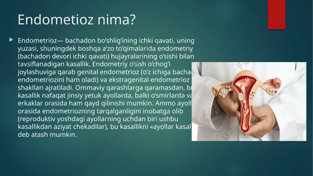 ndometriy o’sishi patologik o’choqlarining rivojlanishi ehtimolini sezilarli darajada oshiradi: kichik tos va reproduktiv tizim a’zolarida tez-tez sodir bo’ladigan infektsion va yallig’lanishli jarayonlar; neoplazmalar, o’smalar, bachadon miomasi; operativ manipulyatsiyalar, invaziv muolajalar (kesarcha kesish, jarrohlik aralashuvi, abort, bachadon bo’shlig’ini tozalash, bachadon eroziyasini operativ davolash va hokazo); asoratli tug’ruq jarayoni; endokrin buzilishlar, turli xil etiologiyali gormonal disbalanslar; anemiya, immun himoya buzilishlari; chekish, spirtli ichimliklarni, kofeinli ichimliklar va preparatlarni ortiqcha iste’mol qilish. endometrioz alomatlari endometriozdagi simptomatik tasvir sezilmas, xira bo’lishi, boshqa kasalliklar va disfunktsiyalarning alomatlariga o’xshashi, ayrim ayollarda umuman alomatlarsiz kechishi mumkin. faqatgina endometriozga xos bo’lgan spetsifik belgilar mavjud emas, ammo bachadon va reproduktiv a’zolarda endometriy o’sishini quyidagi alomatlarga asoslanib shubha ostiga olish mumkin: qorinning pastki qismida og’riq, ba’zan yorqin namoyon bo’ladi va uzoq davom etadi, chov va belga tarqalishi mumkin, bu «surunkali tos og’riqlari» deb ataladi; og’riqning jinsiy aloqa, defakatsiya, ginekologik tekshiruvlar vaqtida kuchayishi; ko’p ajralma kelishli (anemiya hollariga qadar) uzoq davom etadigan …