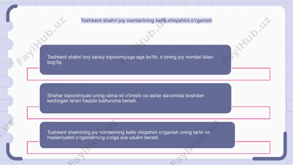 ta'siri toshkent toponimiyasi uning boy tarixiy merosini aks ettiradi, mashhur shaxslar shaharning ko‘cha nomlari va diqqatga sazovor joylarida o‘z izlarini qoldirgan. ana shunday siymolardan biri amir temur bo‘lib, uning haykali amir temur maydonini bezatib turadi va uning nomi shahardagi yirik xiyobonga berilgan. boshqa taniqli tarixiy shaxslar orasida nomi teatr bilan bog‘liq bo‘lgan abdulla qodiriy va toshkent universiteti nomiga berilgan al-xorazmiyni ham keltirish mumkin. toshkent shahrining qadimiy ko‘cha nomlari bilan tanishish toshkent shahri boy tarixiy toponimiyaga ega, uning madaniy merosini ochib beruvchi ko‘plab qadimiy ko‘cha nomlari mavjud. toshkent shahrining tarixiy toponimiyasini oʻrganish uning oʻtmishi va uning rivojlanishiga turtki boʻlgan turli taʼsirlar haqida ajoyib tasavvurga ega boʻladi. toshkent shahrining qadimiy ko‘cha nomlarini kashf etish orqali biz uning tarixini chuqurroq tushunishimiz va diqqatga sazovor joylarining ahamiyatini qadrlashimiz mumkin. toshkent shahar toponimiyasining ma'nosini o'rganish toshkent shahrining tarixiy toponimiyasi shahar joy nomlarining kelib chiqishi va ma'nosini o'rganadigan qiziqarli mavzudir. har bir toponim toshkentning boy tarixi …