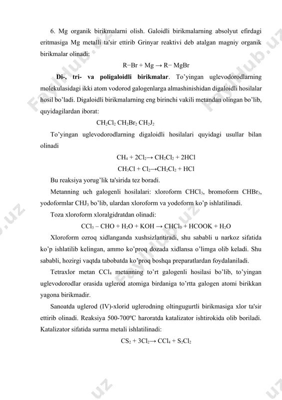 zorat qilish qiyin; yodlanishning ham foydali tomoni kam. aren galogen arilxlorid vodorodxlorid nitrobenzol brom m-bromnitrobenzol (85%) birlamchi amin aril xlorid zandmeyer reaksiyasi. birlamchi aminlarni diazotirlab, keyinchalik diazoniy tuzlarini mis (1) bromid yoki mis (1) xlorid bilan ishlov berilganda muvofiq ravishda aril bromid yoki aril xlorid hosil bo’ladi. 1-amin-8 xlornaftalin 1-brom-8 xlornaftalin (62%) sheyman reaksiyasi. diazotirlangan arilaminga keyinchalik ftor borat kislota bilan ishlov berilsa aril diazoniyni ftorborat tuzi hosil bo’ladi. bu tuzlarni qizdirilganda aril ftorid o’zgaradi. birlamchi aril diazoniyaril aril aminftorborat ftorid aril diazoniy tuzlarini yodid ion bilan reaksiyasi. arildiazoniy ioni eritmasiga kaliy yodid qo’shilganda aril yodid hosil bo’lishiga olib keladi. anilin ftorbenzol (51-57%) birlamchi amin aril yodid anilin yodbenzol(74-76 %) aril grinyar reagentlarini hosil bo’lishi. aril galoidlar magniy bilan reaksiyaga kirishib, tegishli arilmagniy galogenni hosil qiladi. aril yodidlar ko’proq reaksion, aril ftoridlar esa juda kam. shunga o’xshash reaksiyalar litiy bilan ham sodir bo’lib litiyaril reagentlarini hosil qiladi. arilxlorid magniy aril …