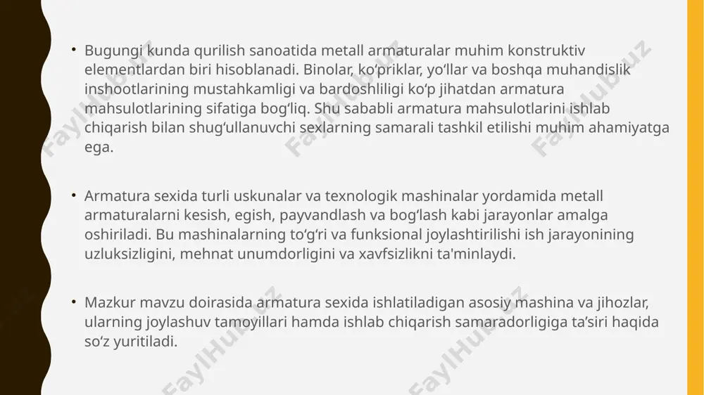 devoridan chiqib turgan kran, g‘ildirakli maxsus qutilar, uzatuvchi aravachalar, elektr yuritgichli arava yoki maxsus qutilar yordami bilan qoliplash sexiga uzatish; siquvchi qaychilar, zichlovchilar, parmalash va egish dastgohlari yordami bilan payvandlanadigan to‘lg‘azma qismlarni tayyorlash; qum purkagich apparatlar va zanglashga qarshi alyuminiy yoki rux qoplamalar o‘rnatib yoyli payvandlash. qoplamalar birma-bir olib kelinib, issiq chang purkagich yoki galvanik uslubda qoplanadi. zo‘riqtirilgan armaturalarni tayyorlashda birinchi uchta amallar zo‘riqtirilmagan armaturalarni tayyorlash amallari bilan mos keladi. biroq o‘ramlardan iborat po‘lat, qoida muvofiq to‘g‘rilab qirqish dastgohlarida qayta ishlov berilmaydi, ular armatura o‘zaklari chiviqlarining uzunligi bo‘yicha berilgan aniqlikni ta’minlovchi maxsus qatorlarda qayta ishlov beriladi. boshqa amallar quyidagicha: armatura o‘zagi boshini biriktiradigan xalqasini tushirish yoki boshqa biriktiradigan xalqani tayyorlash; elektr termik yoki gidravlik ko‘targichlar yordami bilan armaturalarni taranglash; gazli qirqish yoki disklari aylanishli mashina yordami bilan beton qotishidan keyin armaturalarning oxirini qirqish. ba’zi bir hollarda po‘latning mexanik tavsiflarini oshirish uchun uni maxsus mashinalar yoki gidravlik ko‘targichlar bilan jihozlangan maxsus …